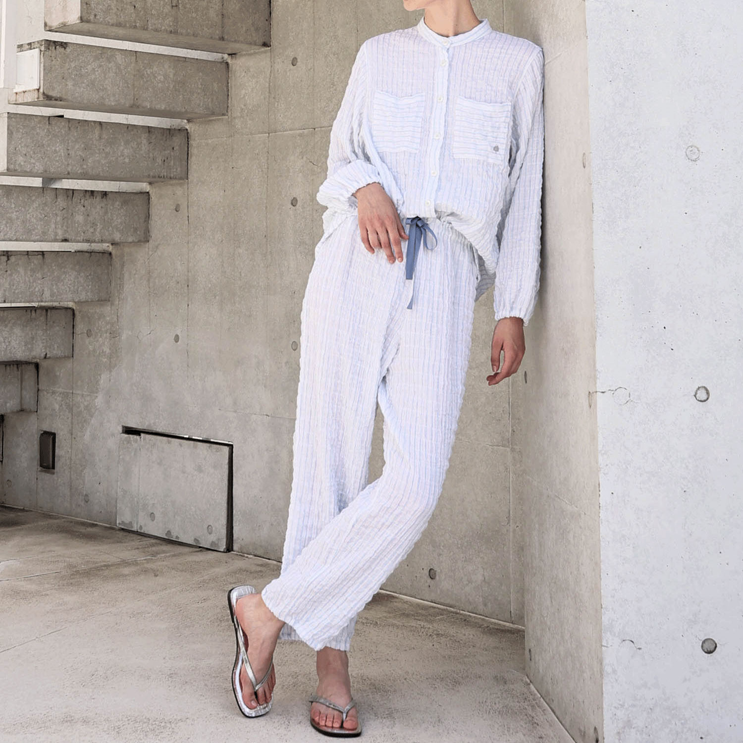 Narue シャーリングダブルガーゼストライプスタンドカラーパジャマ