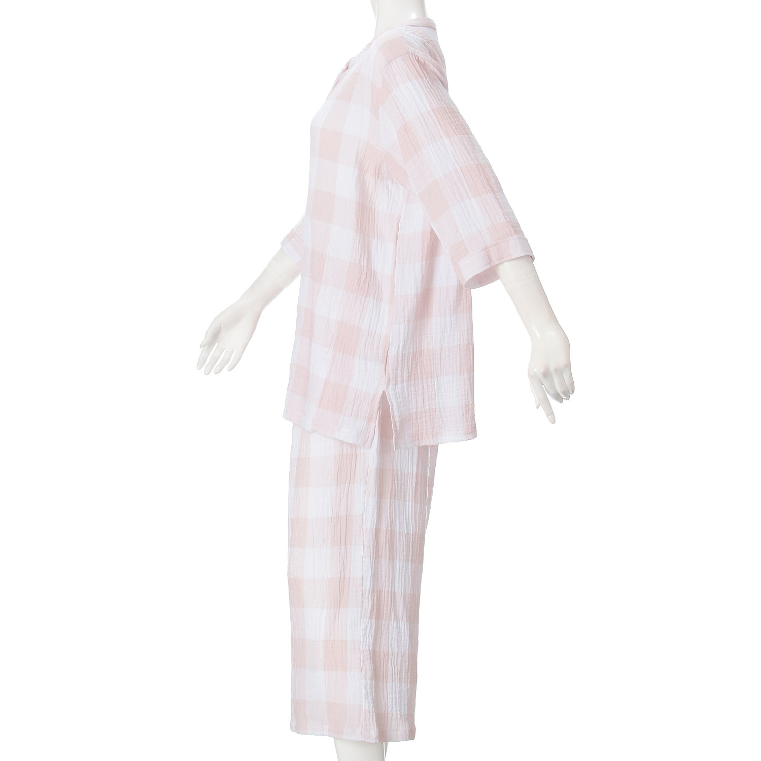 men de neru Wガーゼ楊柳 格子柄前開パジャマ - 画像2