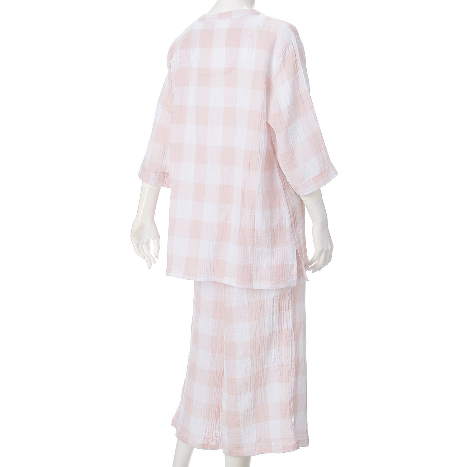 men de neru Wガーゼ楊柳 格子柄前開パジャマ - 画像3