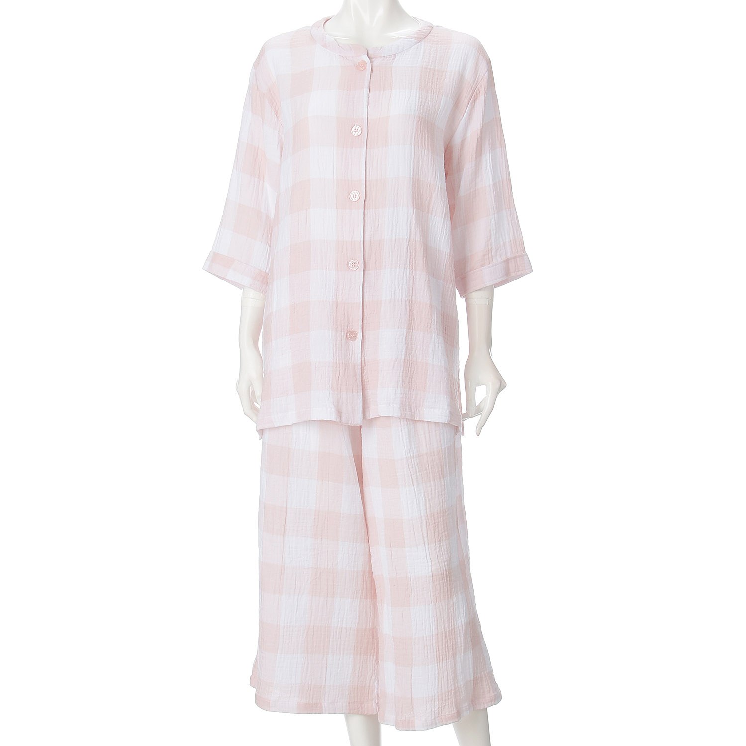 men de neru Wガーゼ楊柳 格子柄前開パジャマ - 画像1