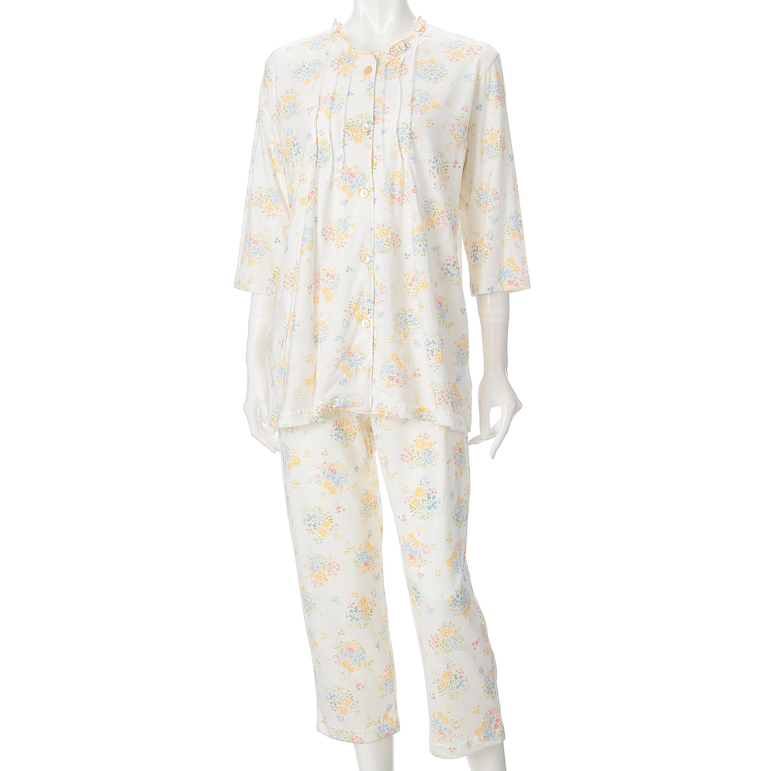 婦人 綿100％SZ天竺フラワーブーケ柄ピンタックフリルパジャマ - 画像2