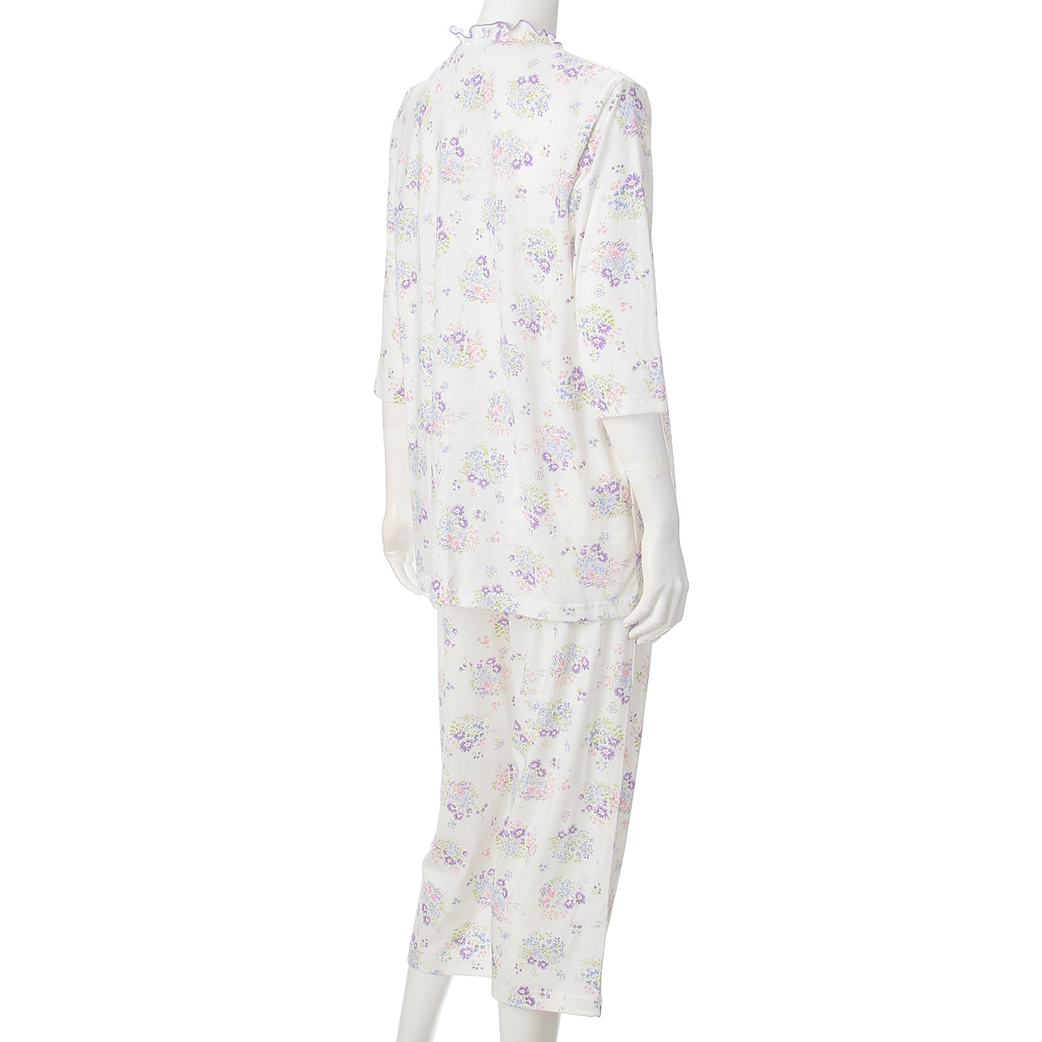 婦人 綿100％SZ天竺フラワーブーケ柄ピンタックフリルパジャマ - 画像4