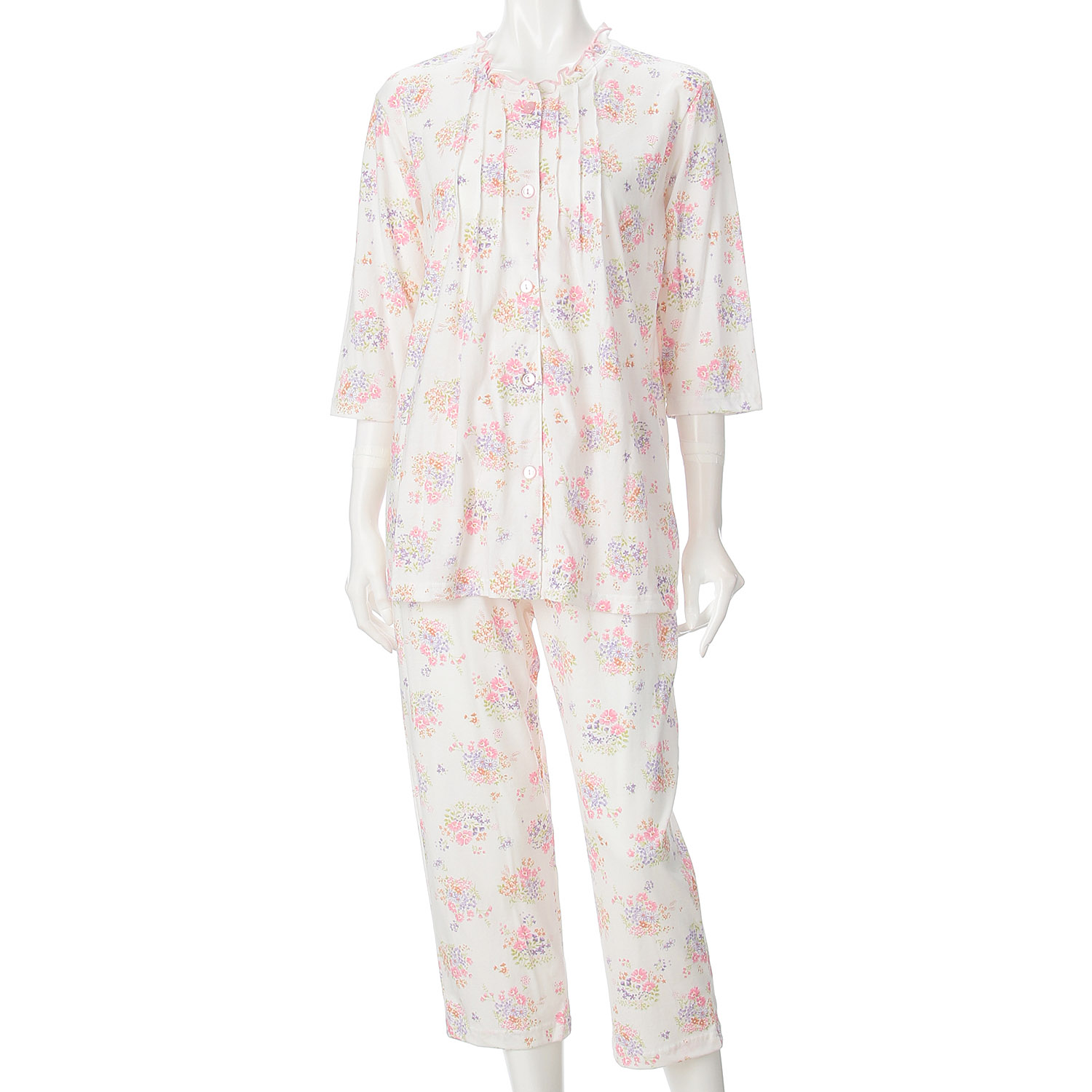 婦人 綿100％SZ天竺フラワーブーケ柄ピンタックフリルパジャマ