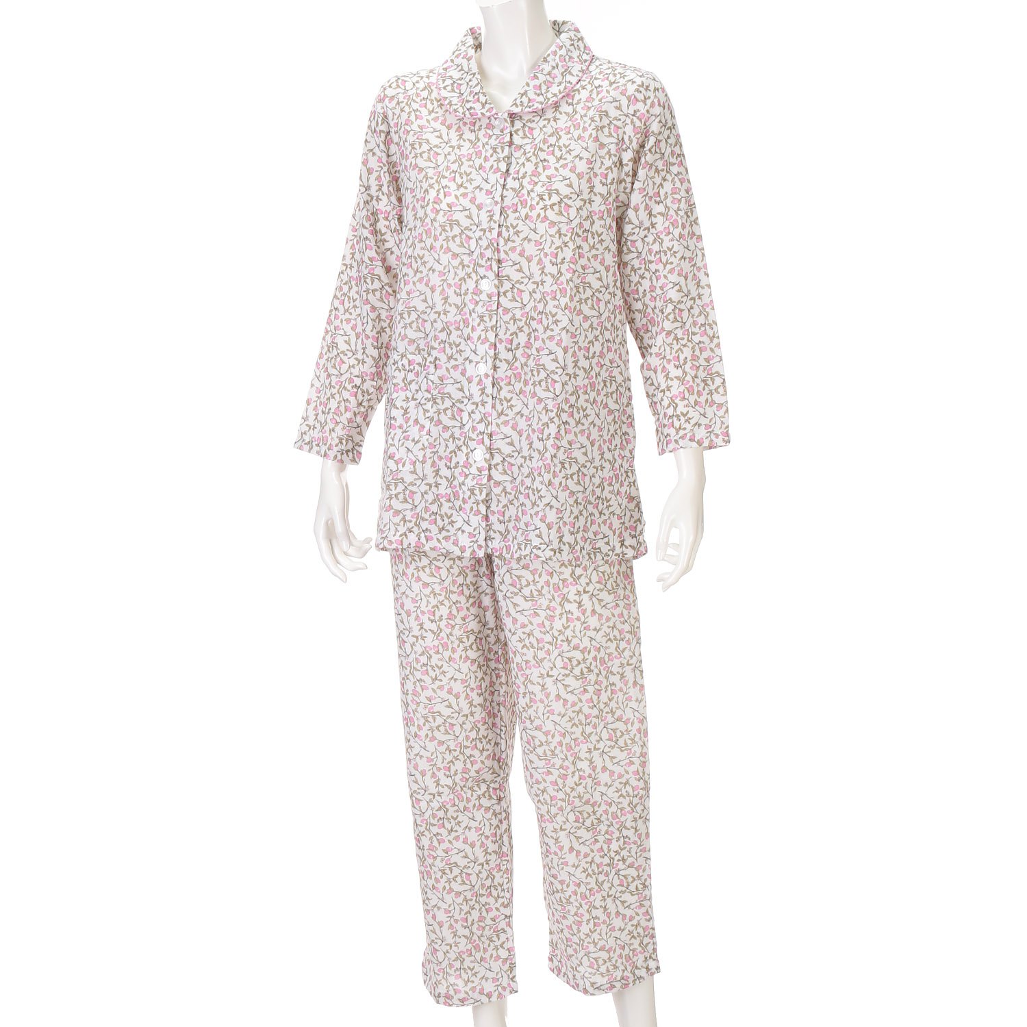 婦人 綿100％ ダブルガーゼ 木の実柄 パジャマ（長袖＋長パンツ） - 画像1