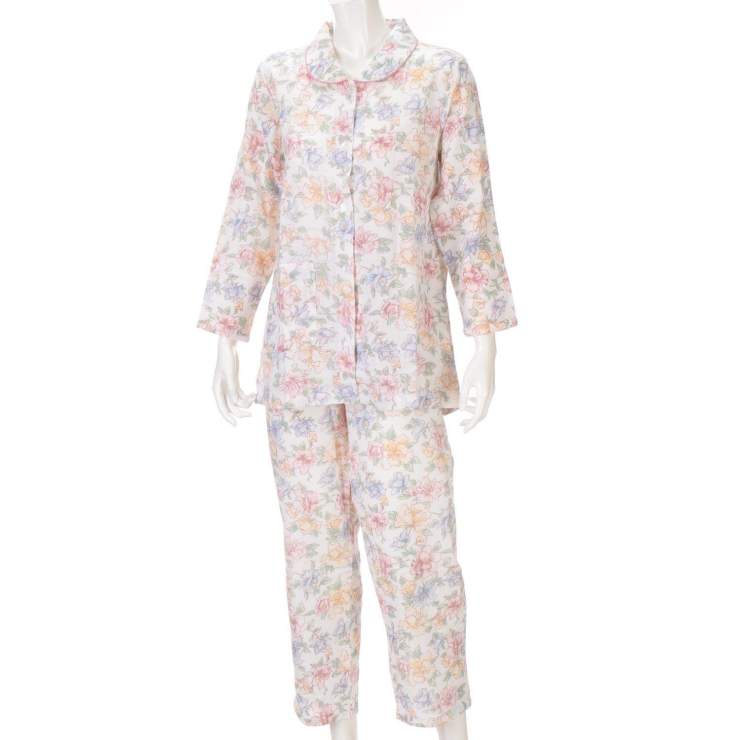 婦人 綿100％ ダブルガーゼ 薔薇柄パジャマ（長袖＋長パンツ） - 画像1