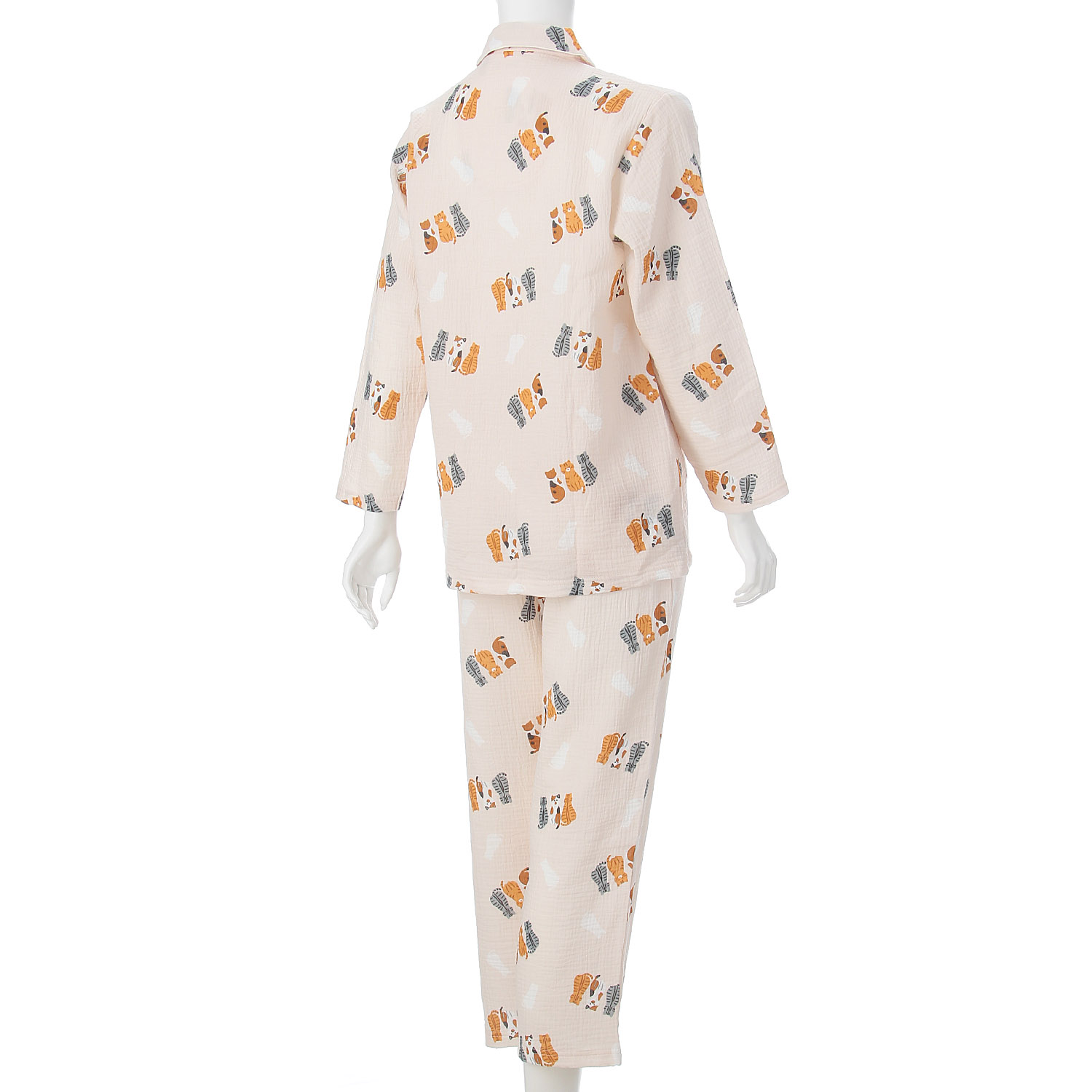 ふんわりダブルガーゼ 衿付パジャマ ネコ柄 - 画像2