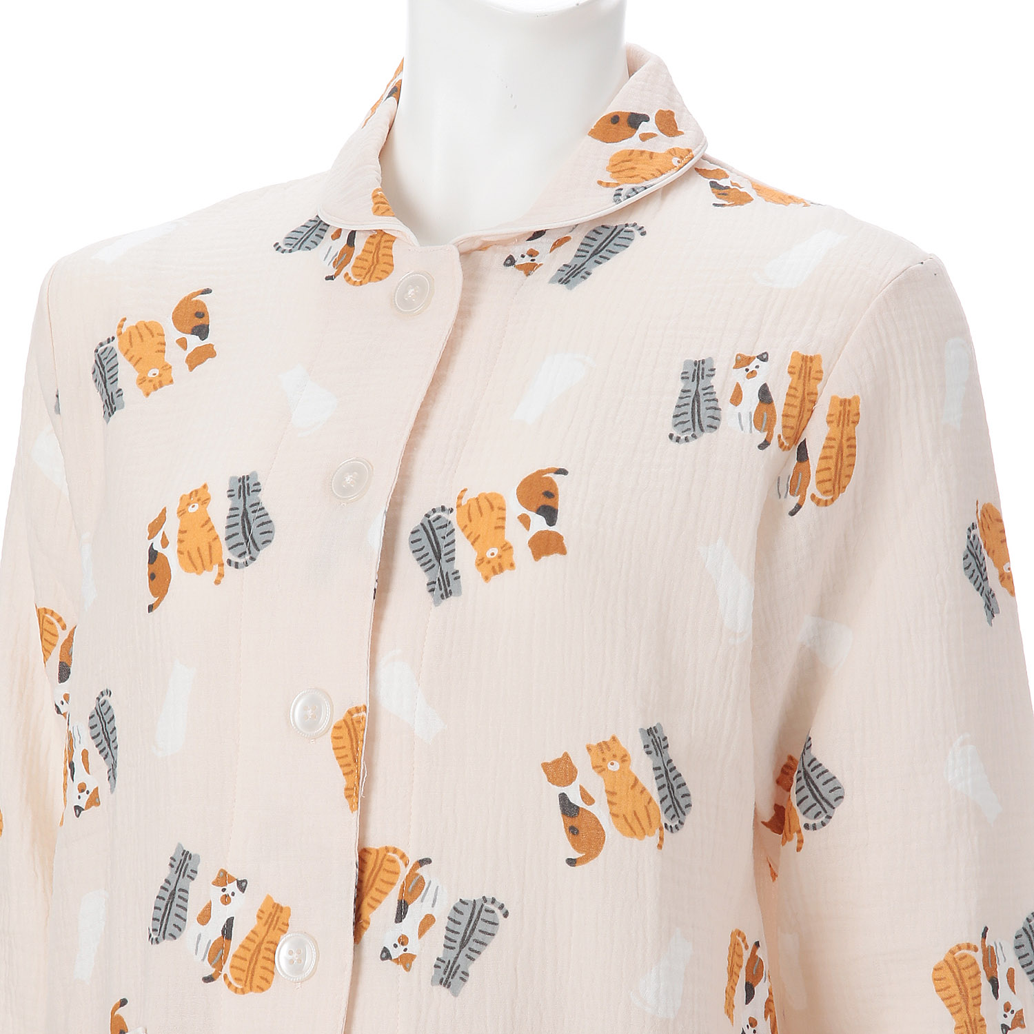 ふんわりダブルガーゼ 衿付パジャマ ネコ柄 - 画像3