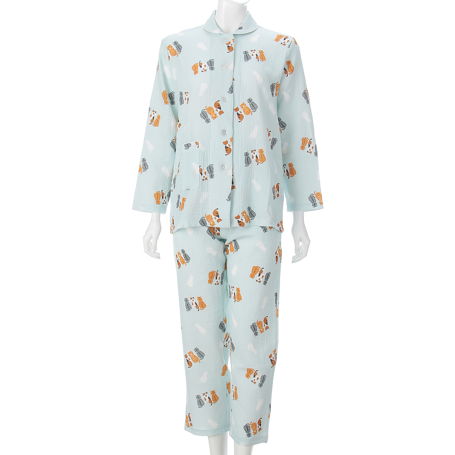 ふんわりダブルガーゼ 衿付パジャマ ネコ柄 - 画像6