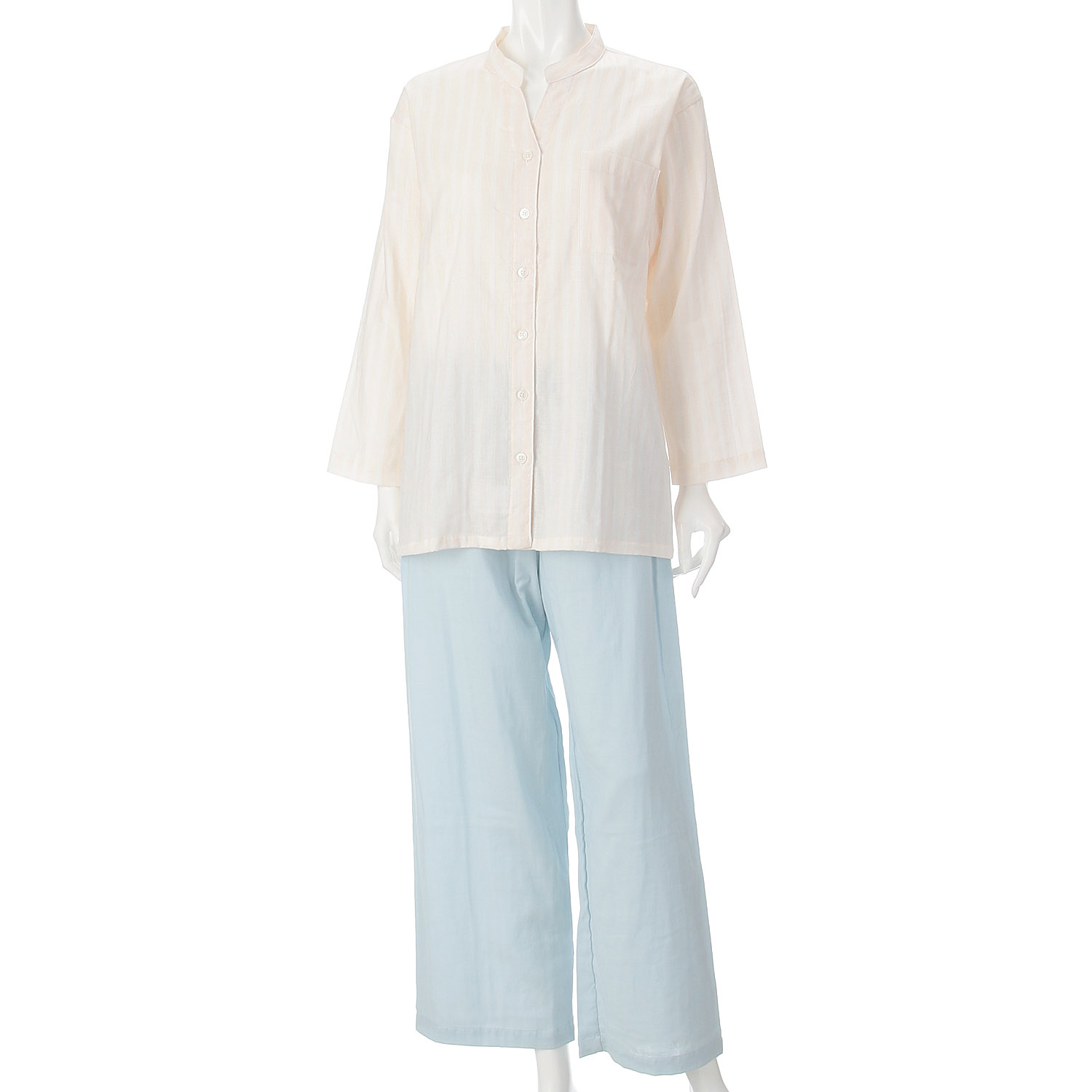 GUNZE キレイラボ Fitte（綿100％） ダブルガーゼ 長袖長パンツ ノーカラーパジャマ - 画像2