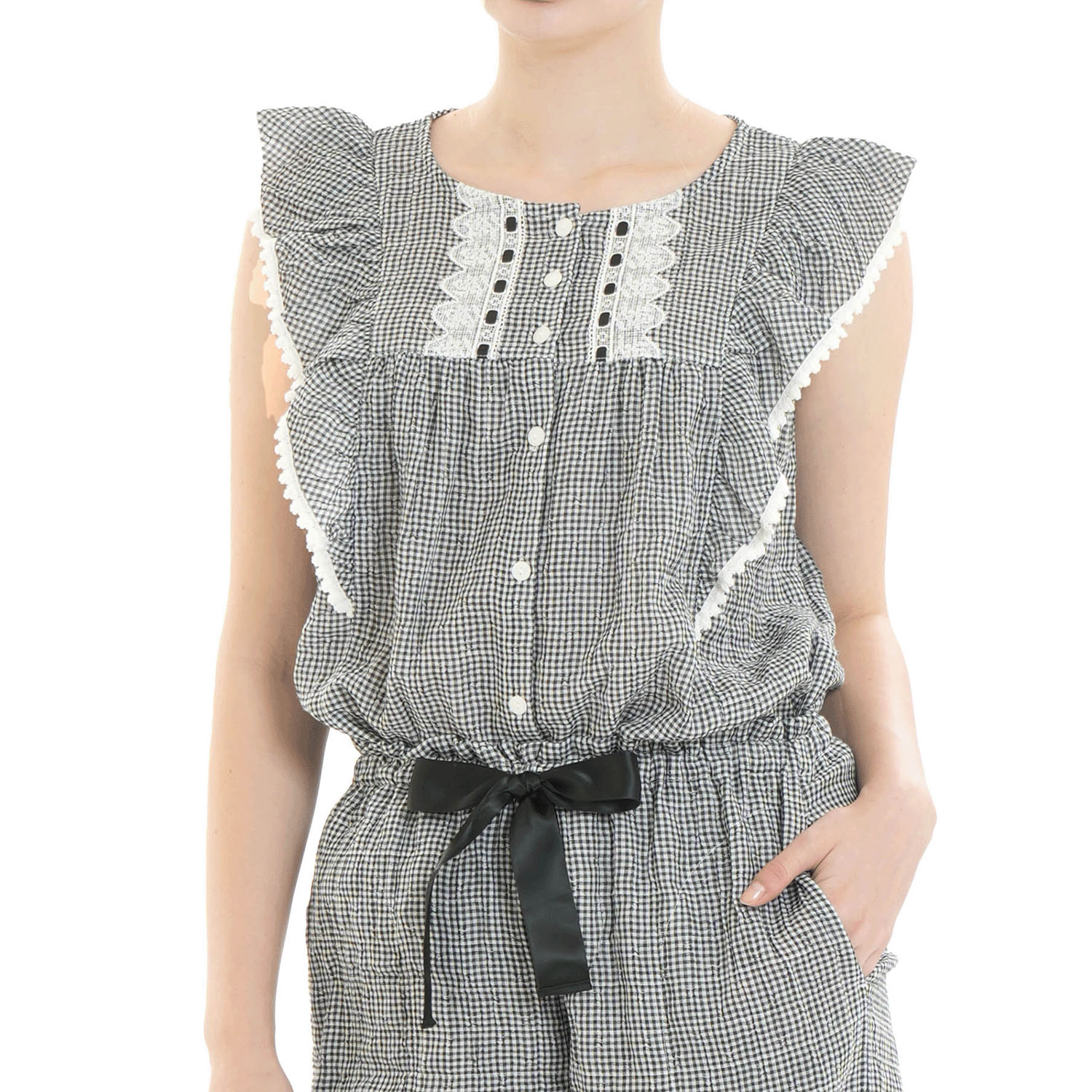 Narue シャーリング表ジャガードストライプ＆シャンブレーフリルパジャマ - 画像2