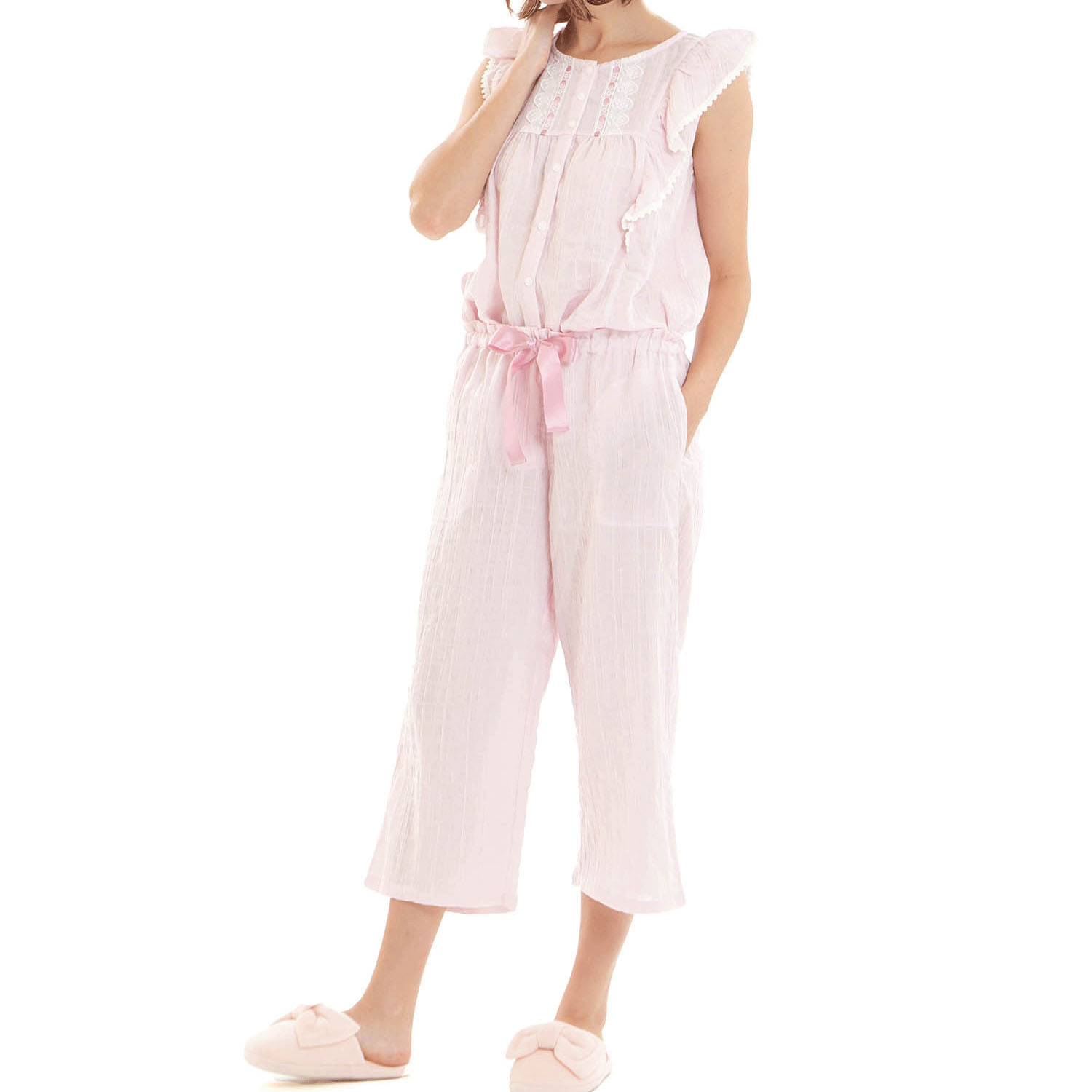 Narue シャーリング表ジャガードストライプ＆シャンブレーフリルパジャマ - 画像11