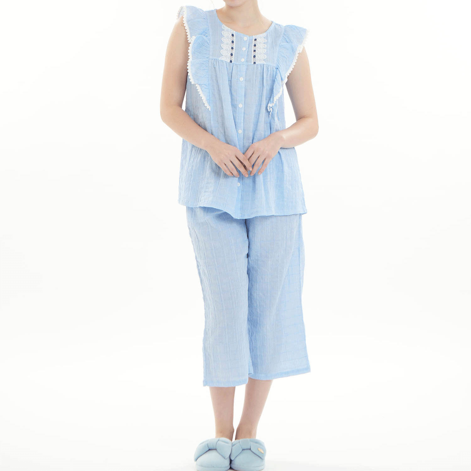 Narue シャーリング表ジャガードストライプ＆シャンブレーフリルパジャマ - 画像20