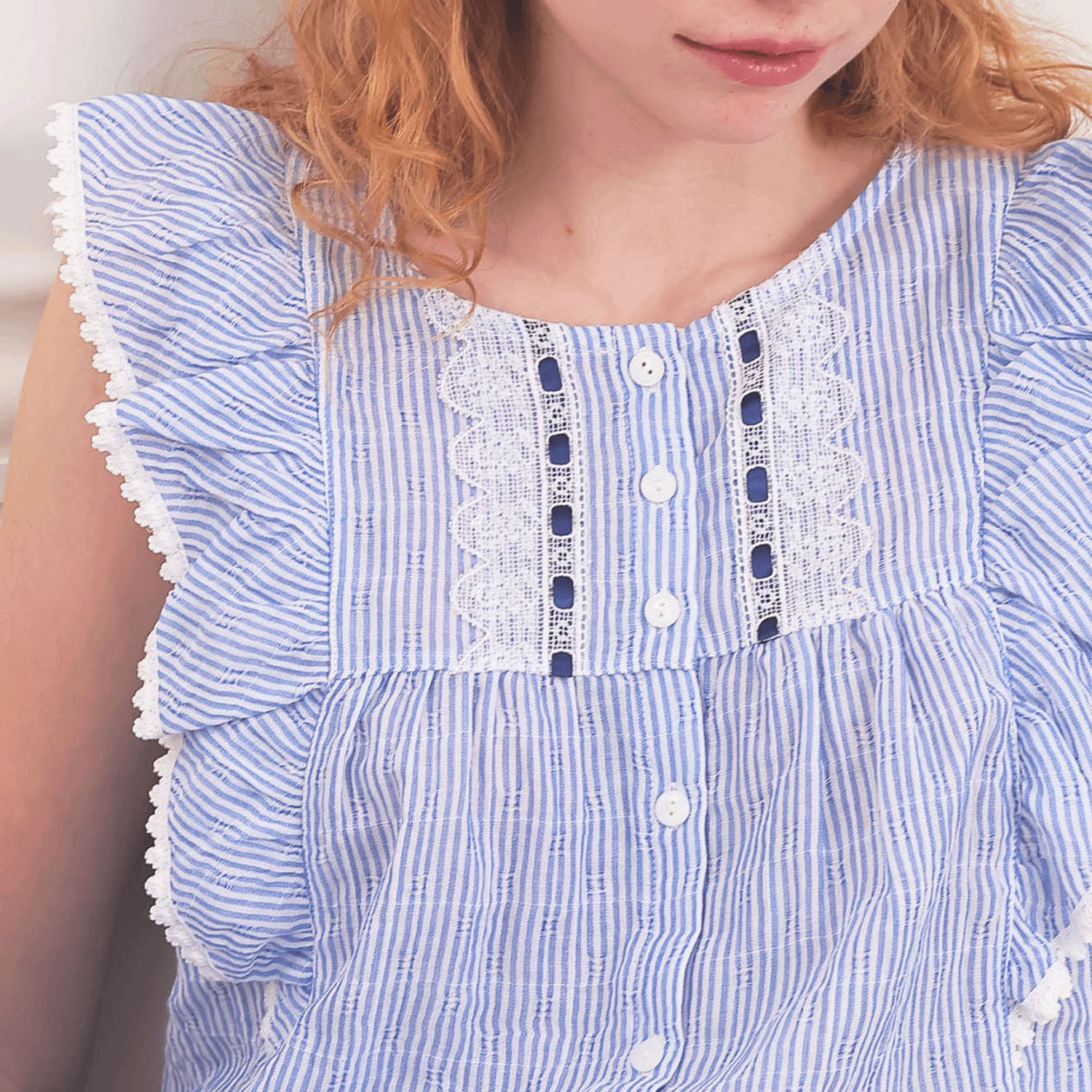 Narue シャーリング表ジャガードストライプ＆シャンブレーフリルパジャマ - 画像29