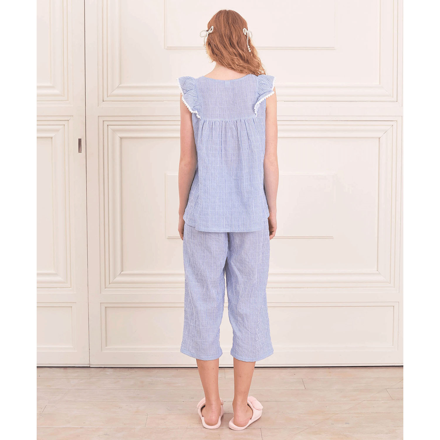 Narue シャーリング表ジャガードストライプ＆シャンブレーフリルパジャマ - 画像32