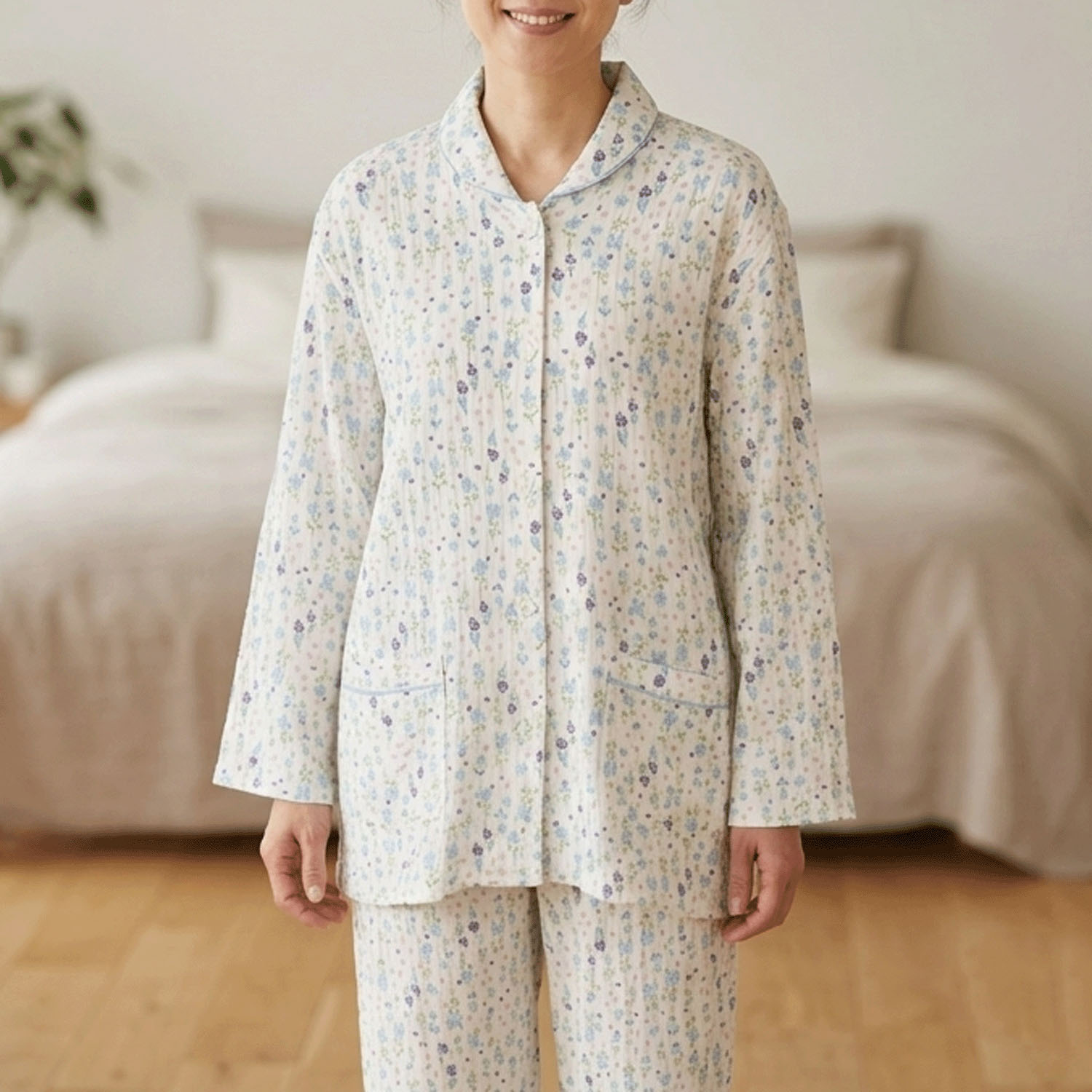 ナクリュール  ふんわりダブルガーゼシャーリング フラワー 婦人シャツパジャマ