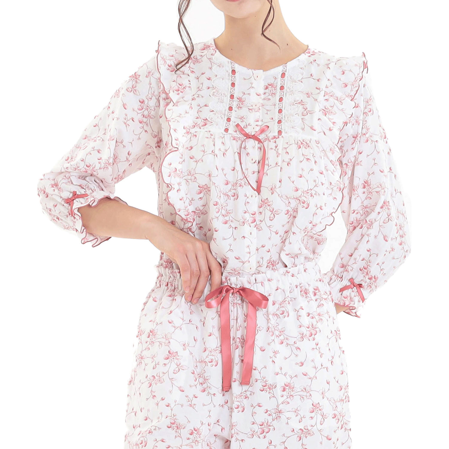 Narue 40／ダブルガーゼプティフレーズフリル7分袖パジャマ - 画像2