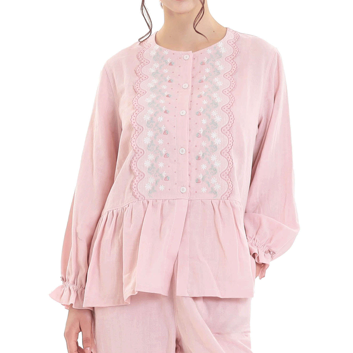 Narue コットンダブルガーゼレーシーフリルペプラムパジャマ - 画像15