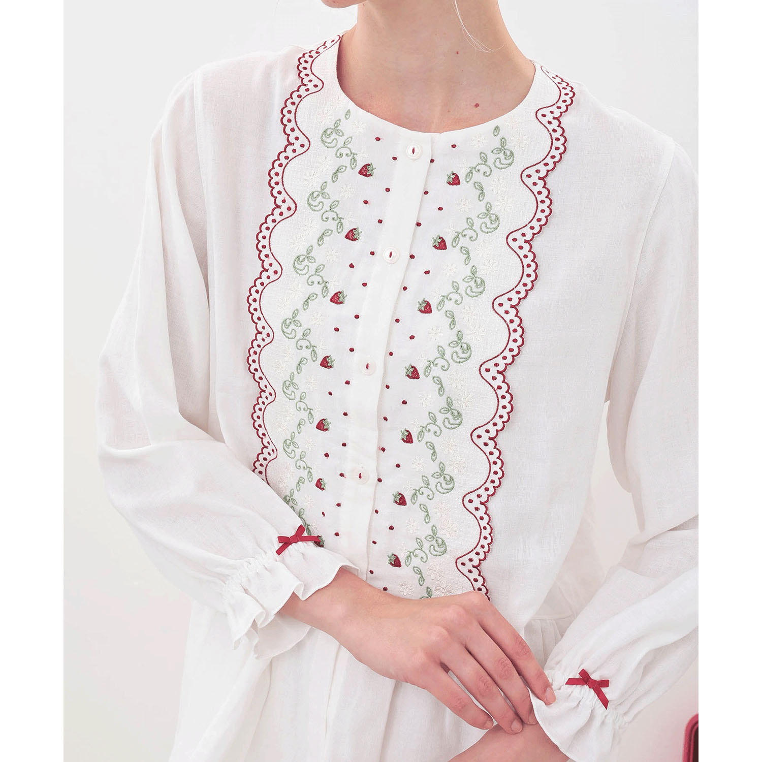 Narue コットンダブルガーゼレーシーフリルペプラムパジャマ - 画像4