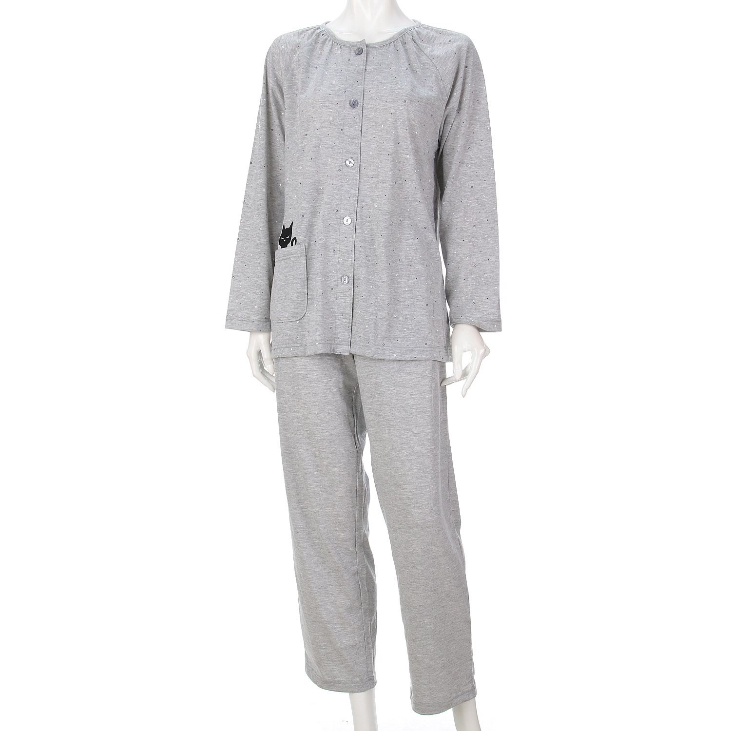 婦人 天竺ドット柄 猫刺繍 前開きパジャマ