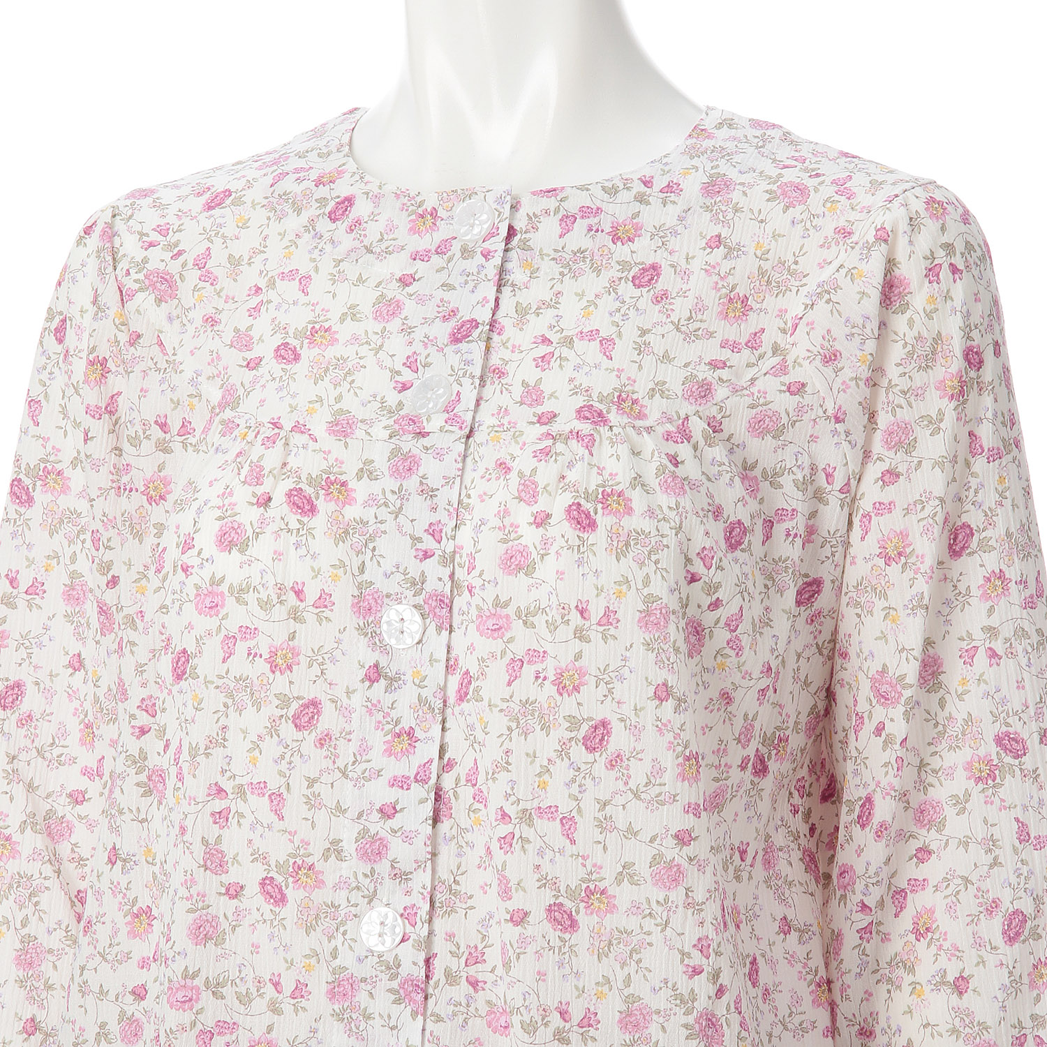 綿100％楊柳花更紗柄丸ヨークパジャマ - 画像3