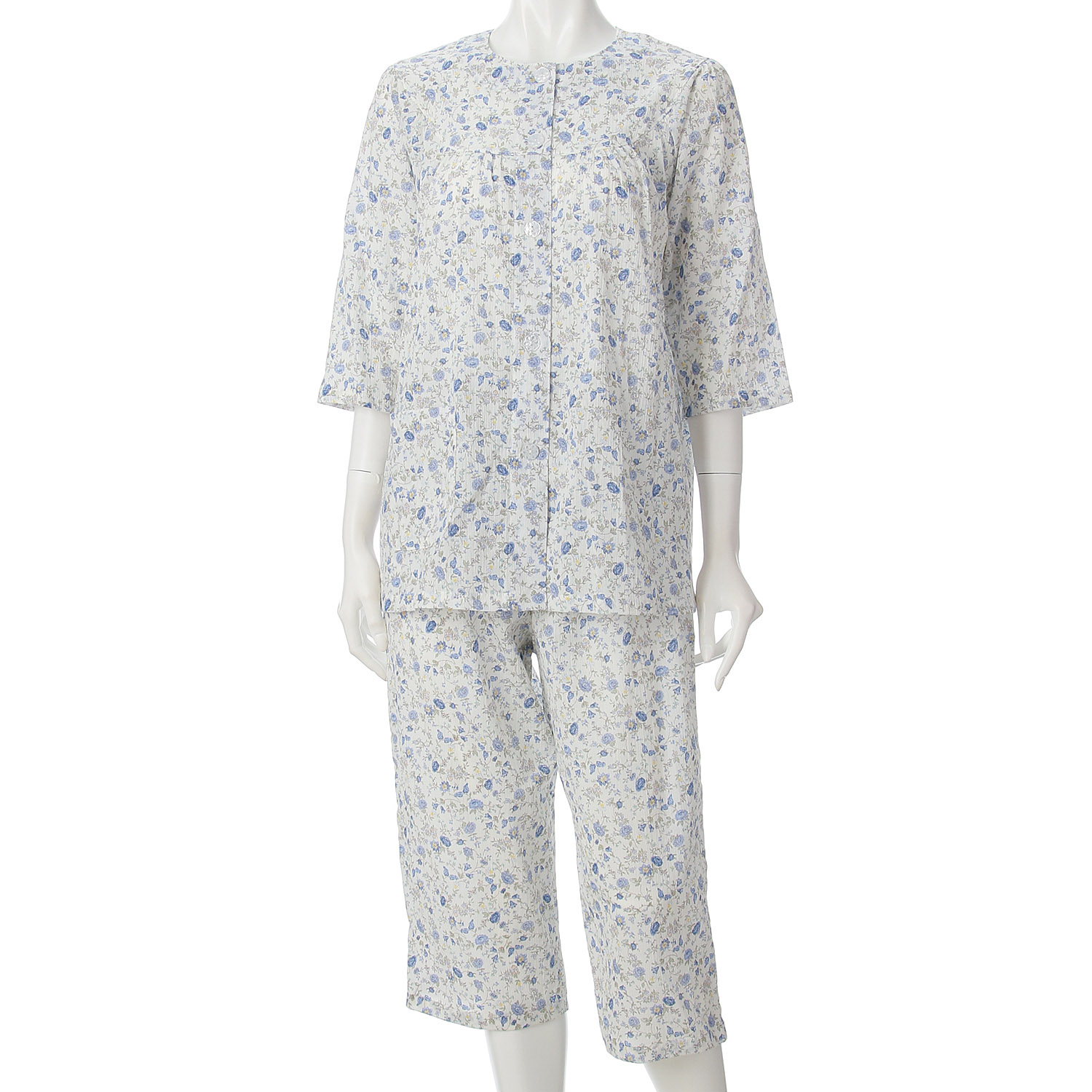 綿100％楊柳花更紗柄丸ヨークパジャマ - 画像5