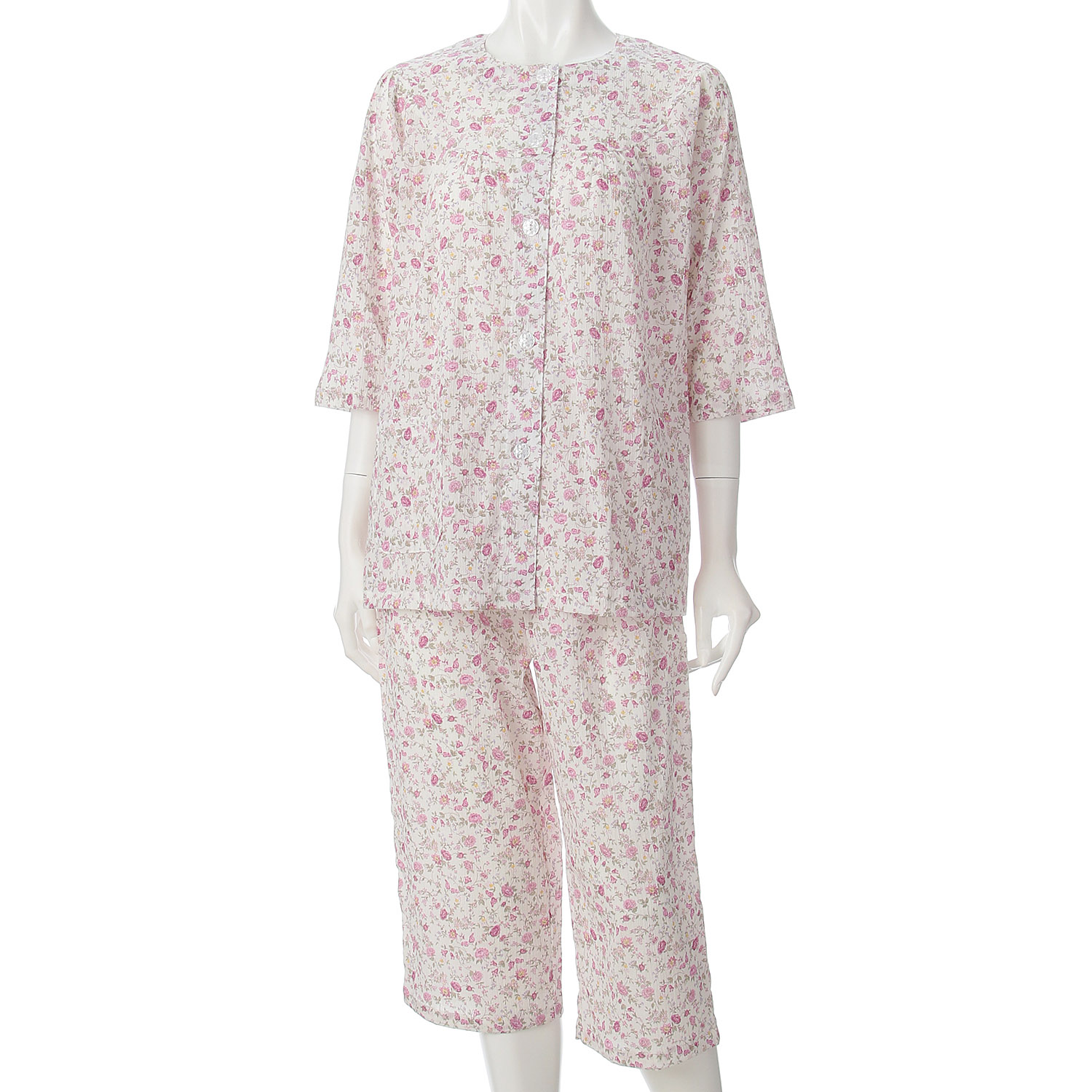 綿100％楊柳花更紗柄丸ヨークパジャマ