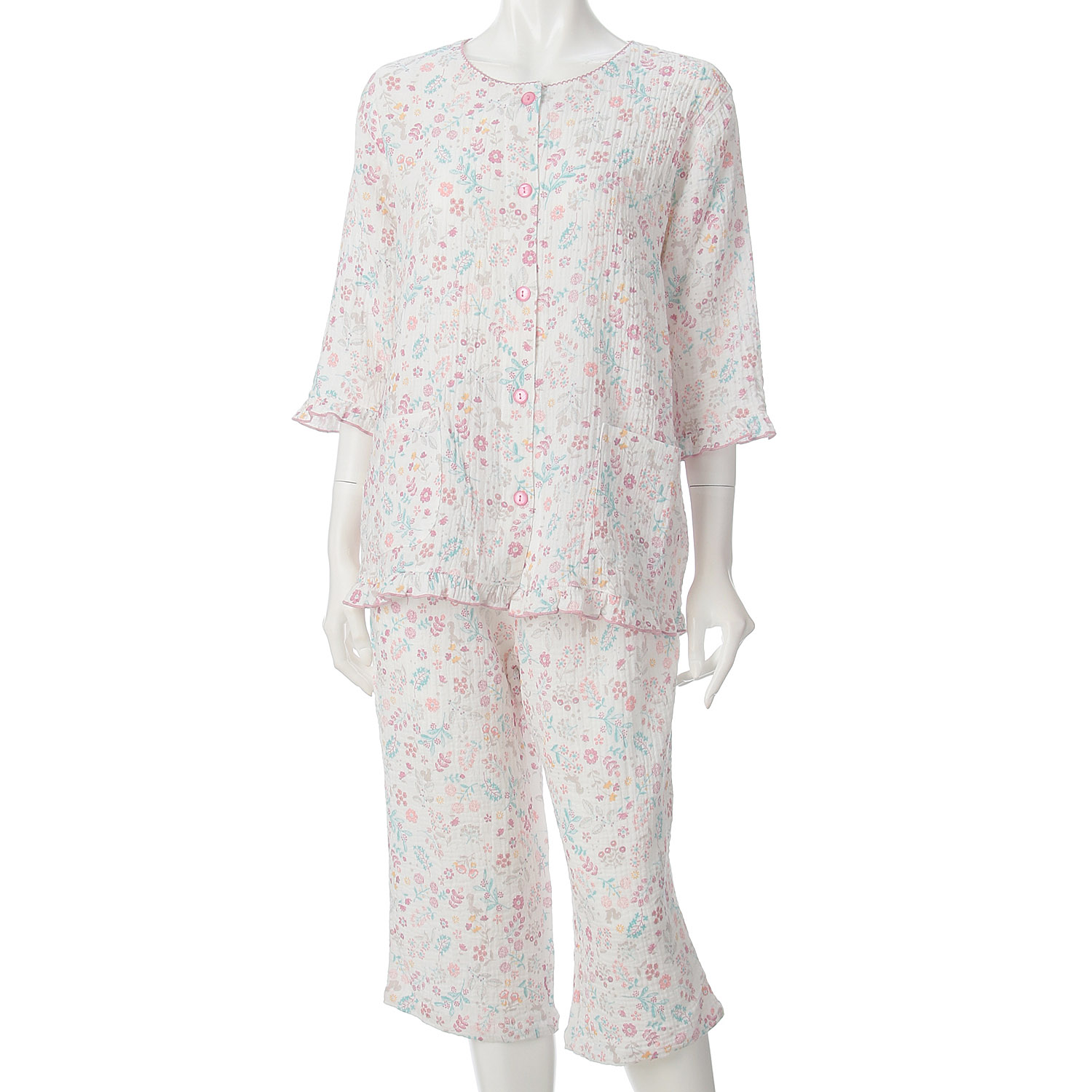 しじらWガーゼ北欧ステッチリス柄襟なしパジャマ - 画像1