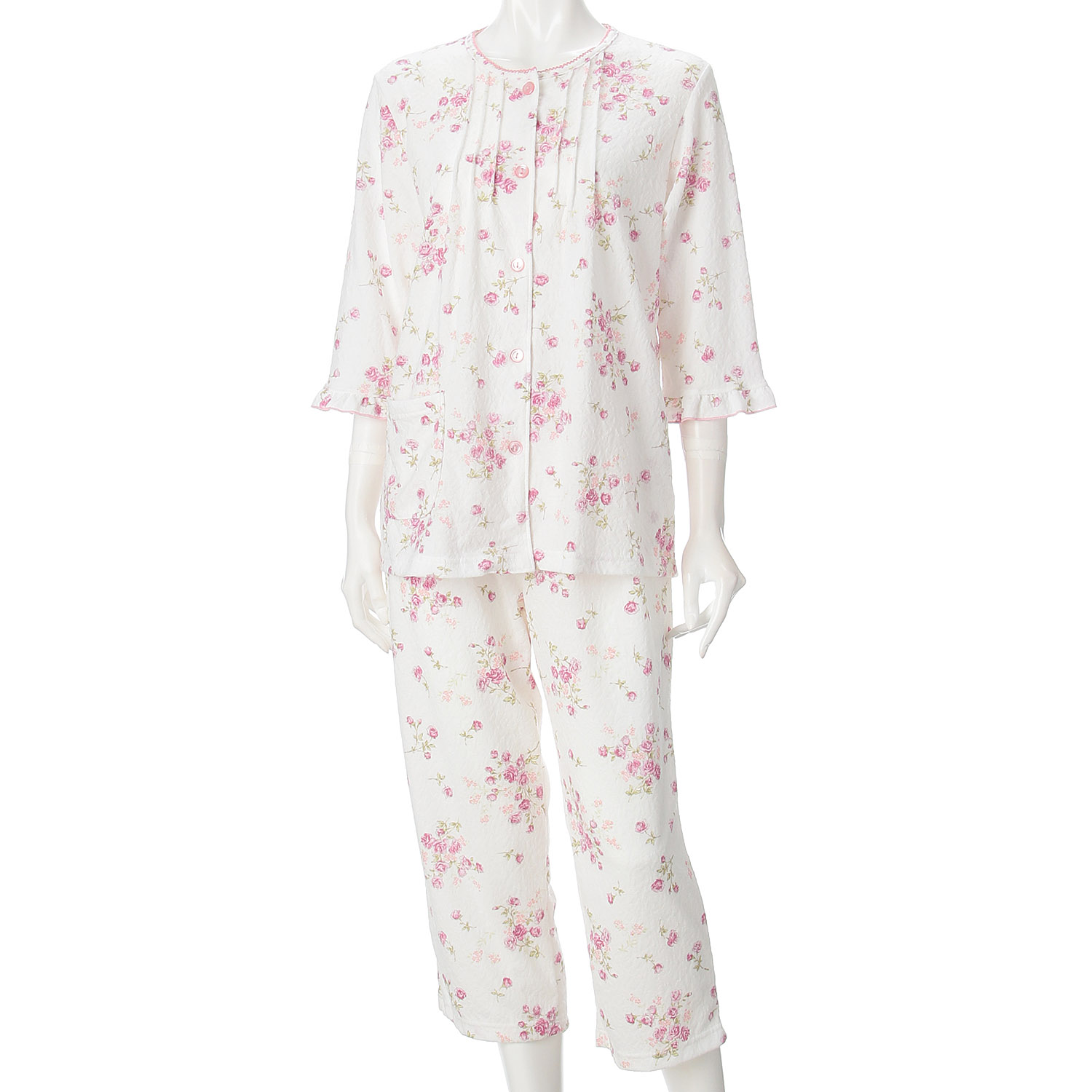 婦人 ふくれジャカードニット くくりローズブーケ柄2トップスパジャマ - 画像1