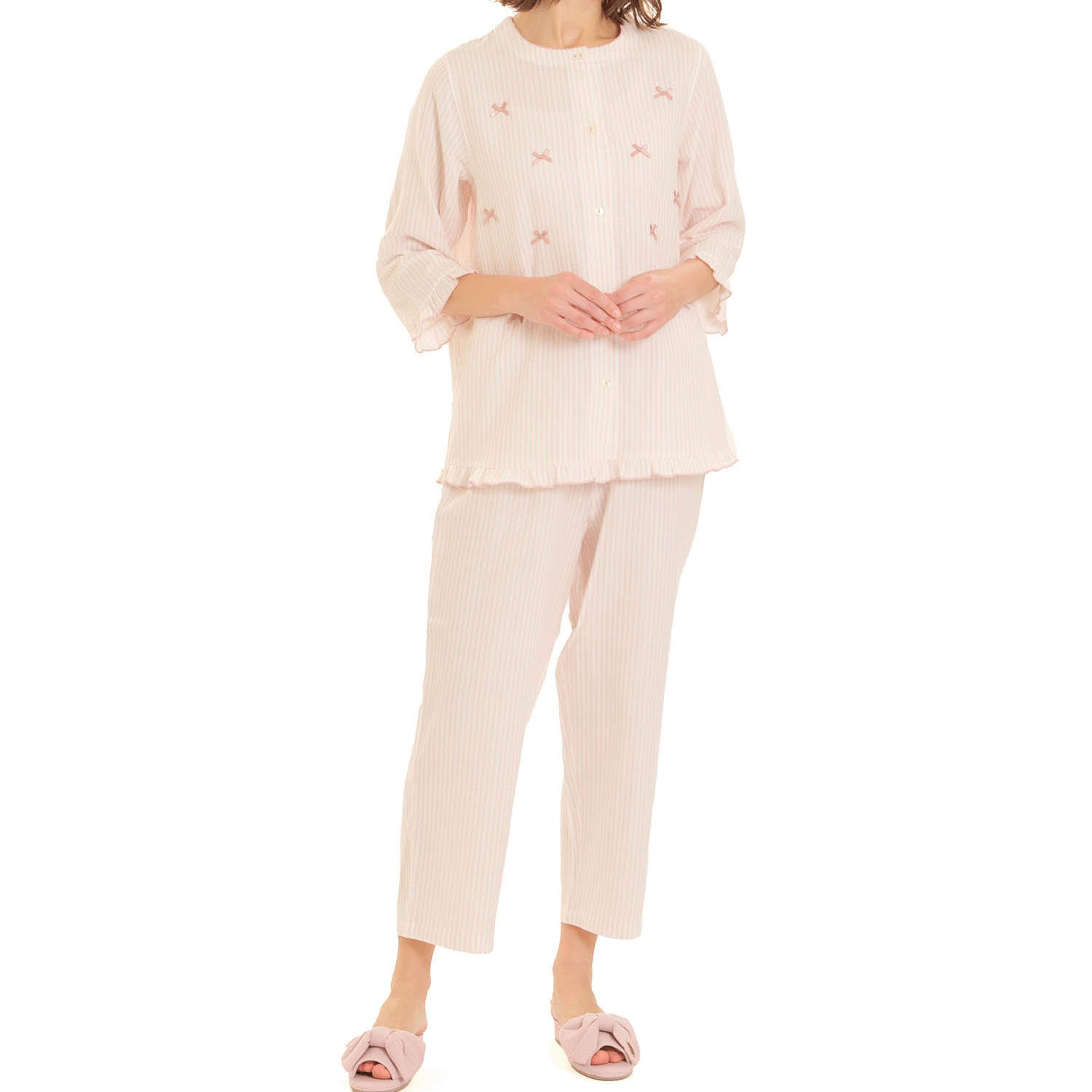 Narue ダブルガーゼシンプルストライプリボンパジャマ - 画像2