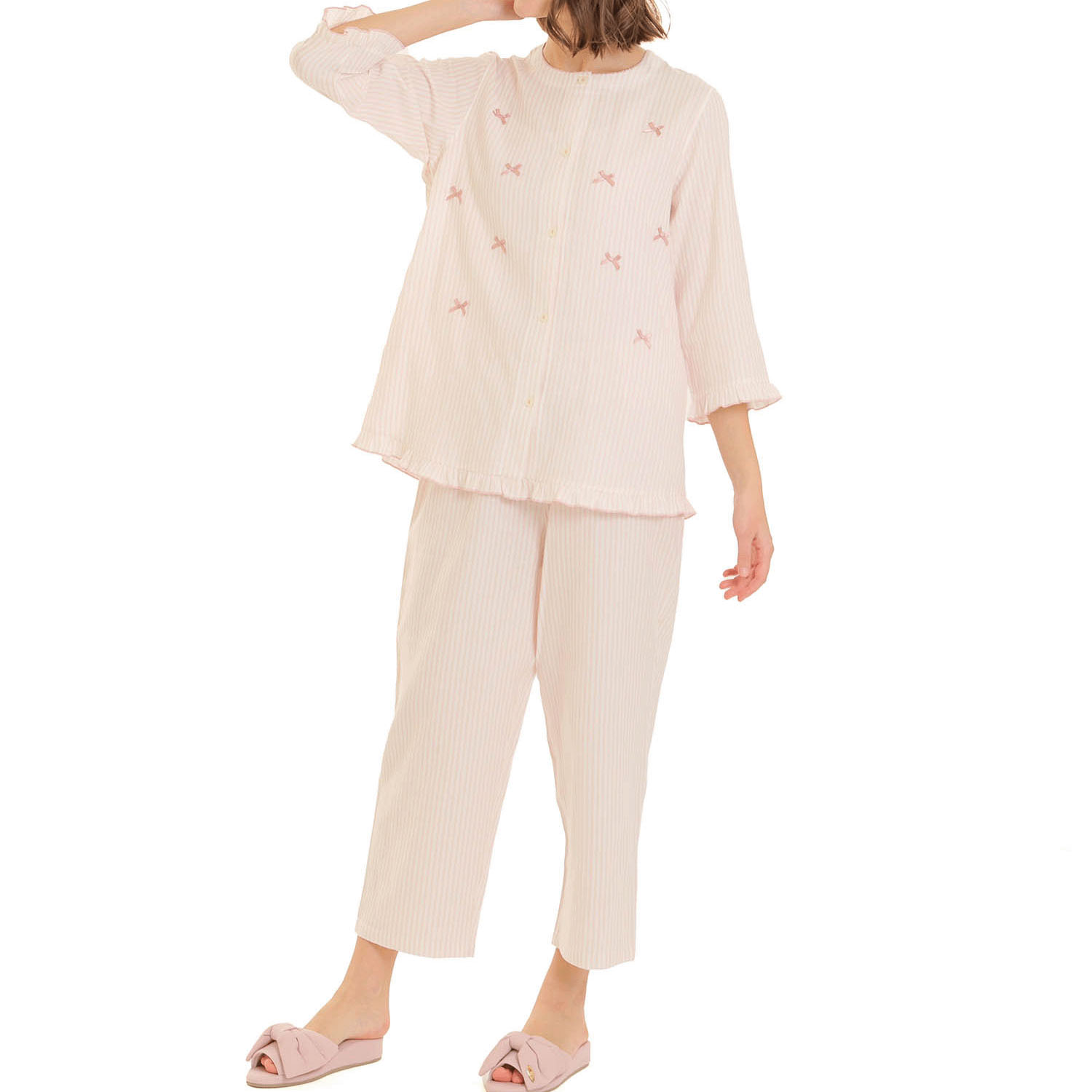 Narue ダブルガーゼシンプルストライプリボンパジャマ - 画像3