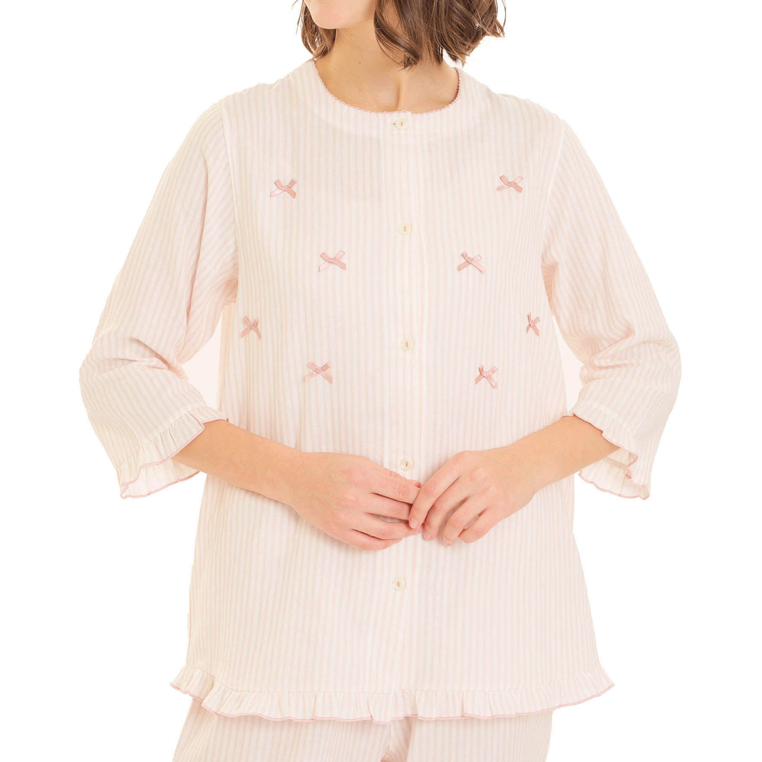 Narue ダブルガーゼシンプルストライプリボンパジャマ