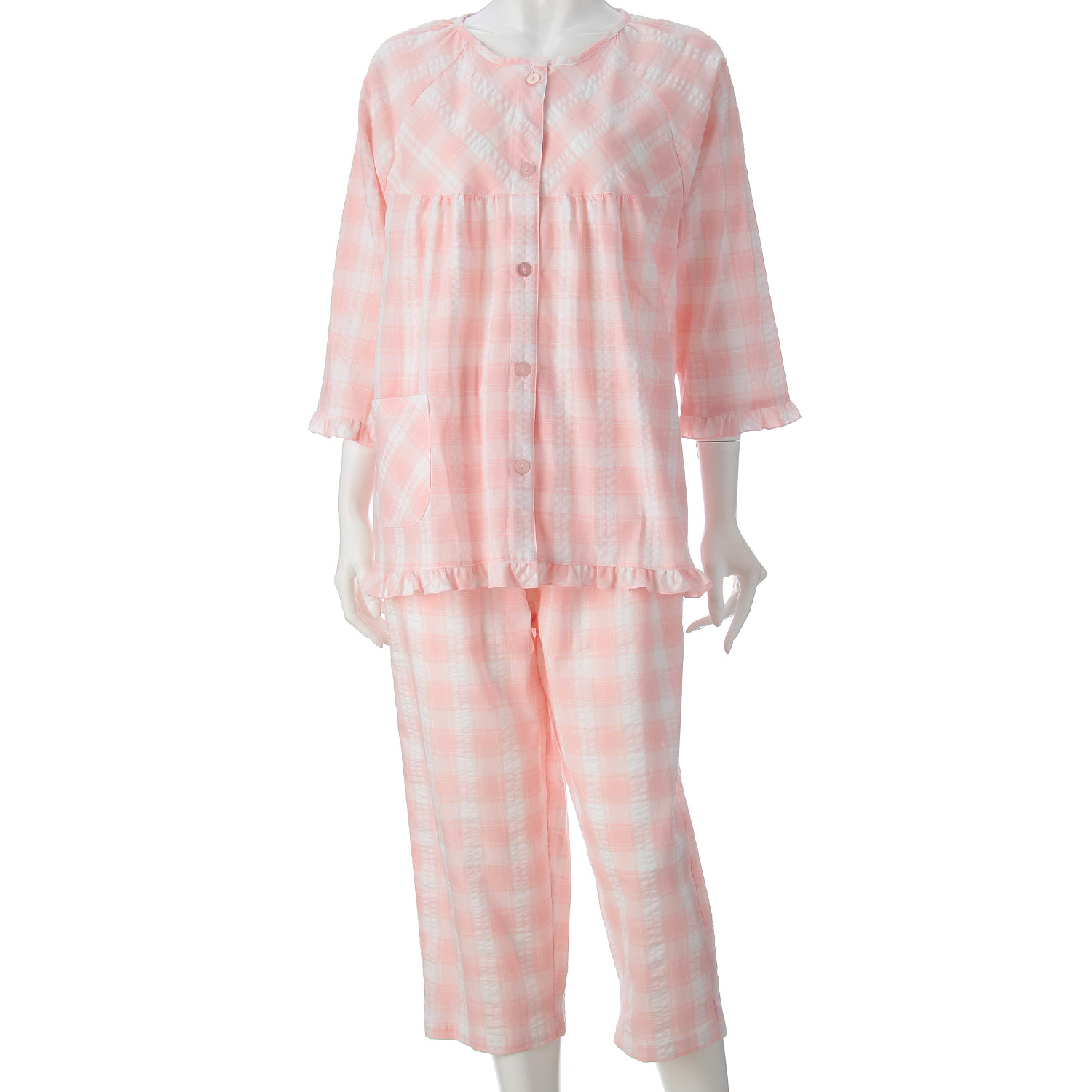 婦人 綿サッカー 格子柄 7分袖パジャマ