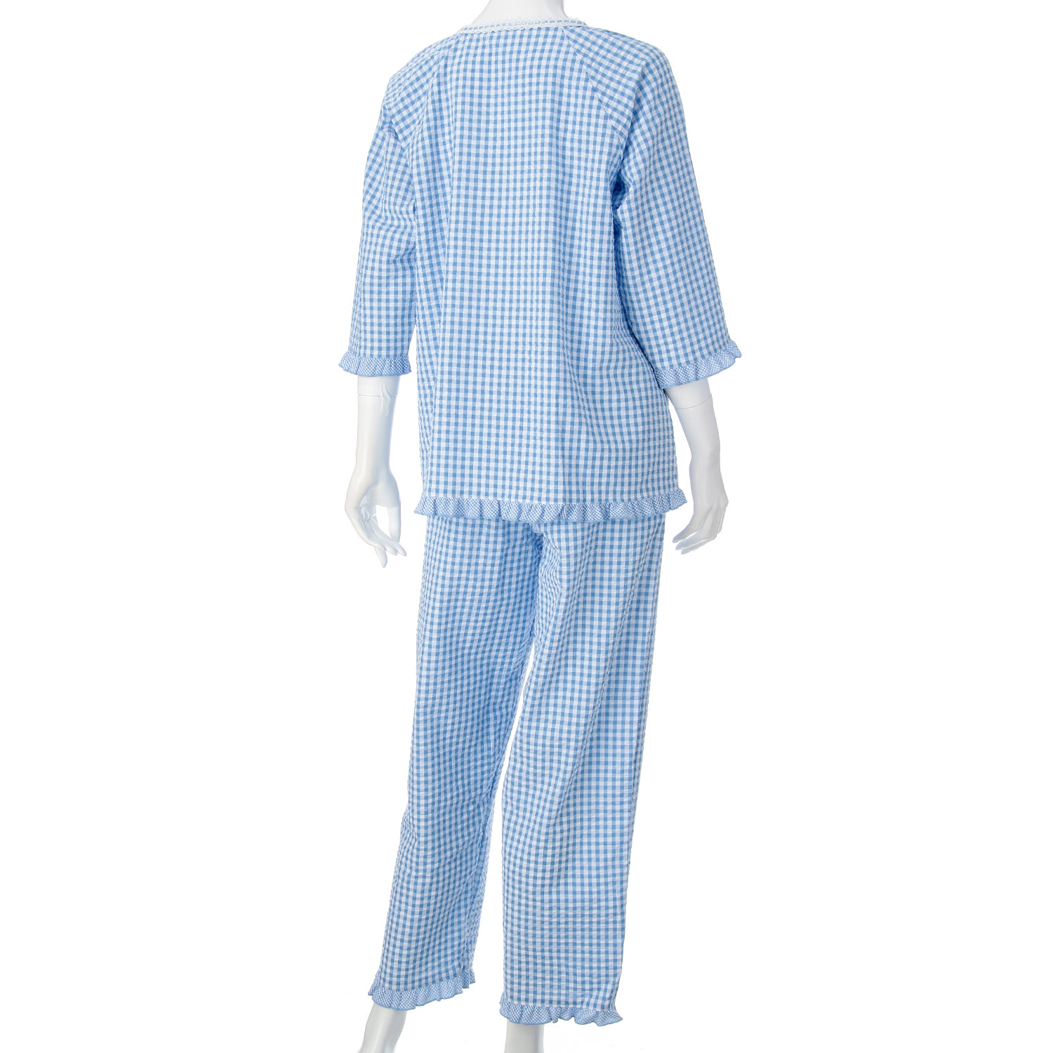 婦人 綿サッカー ギンガムチェック 7分袖パジャマ - 画像2
