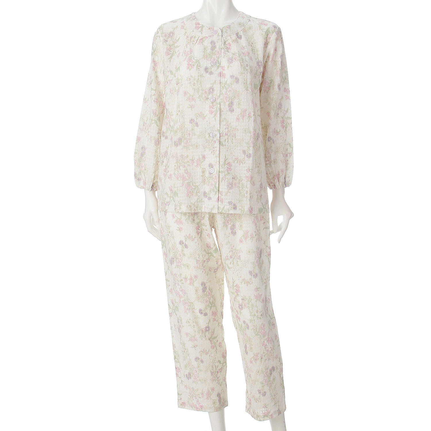 GUNZE 婦人 ミニ空羽楊柳 フラワープリント長袖長パンツパジャマ - 画像3