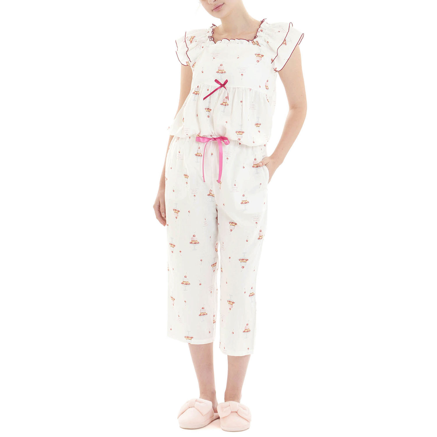 Narue コットンダブルガーゼチェリースイーツフリルパジャマ - 画像3