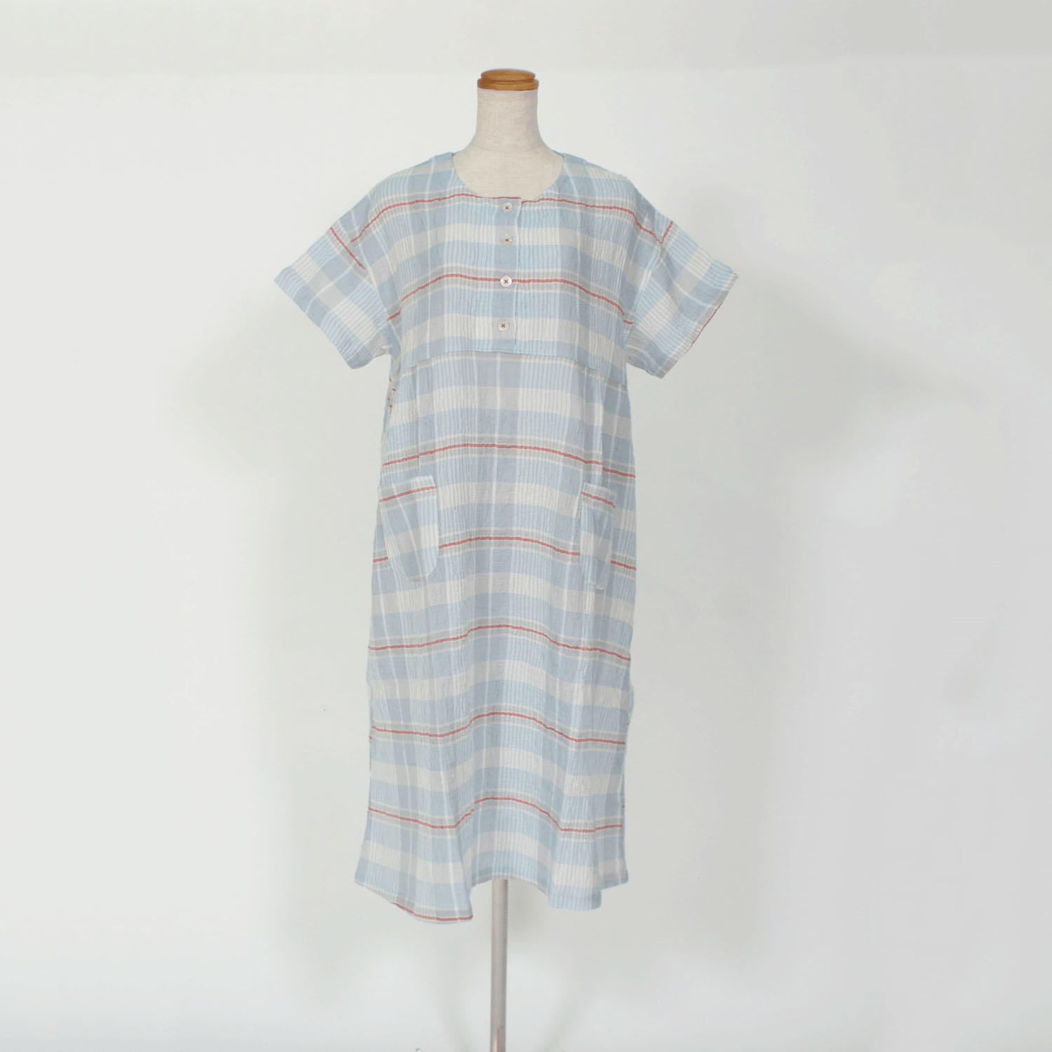 先染ダブルガーゼ チェック柄 半開ワンピース - 画像2