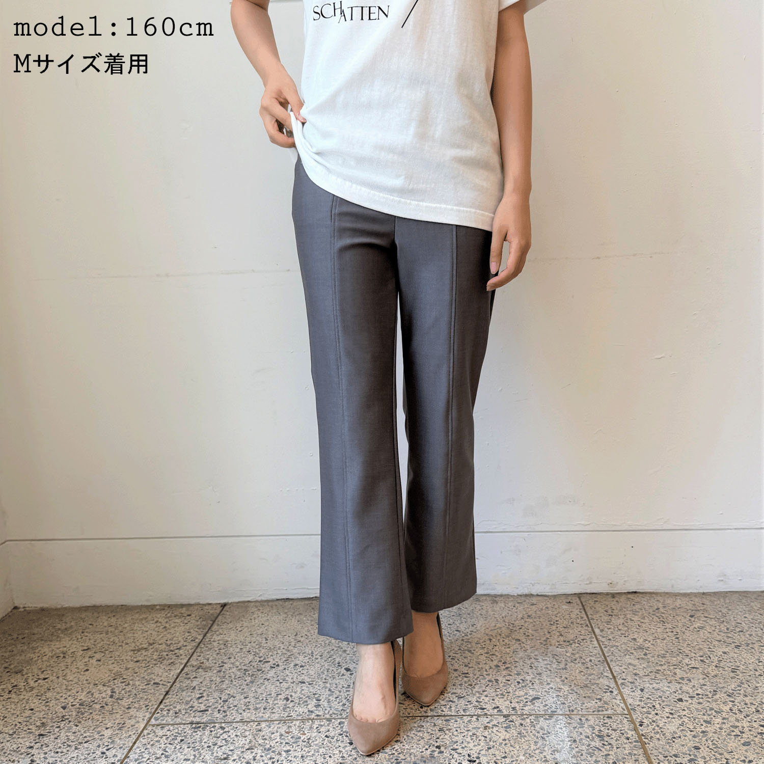 フィットパンツ通年素材 デニムプリント 股下65cm丈