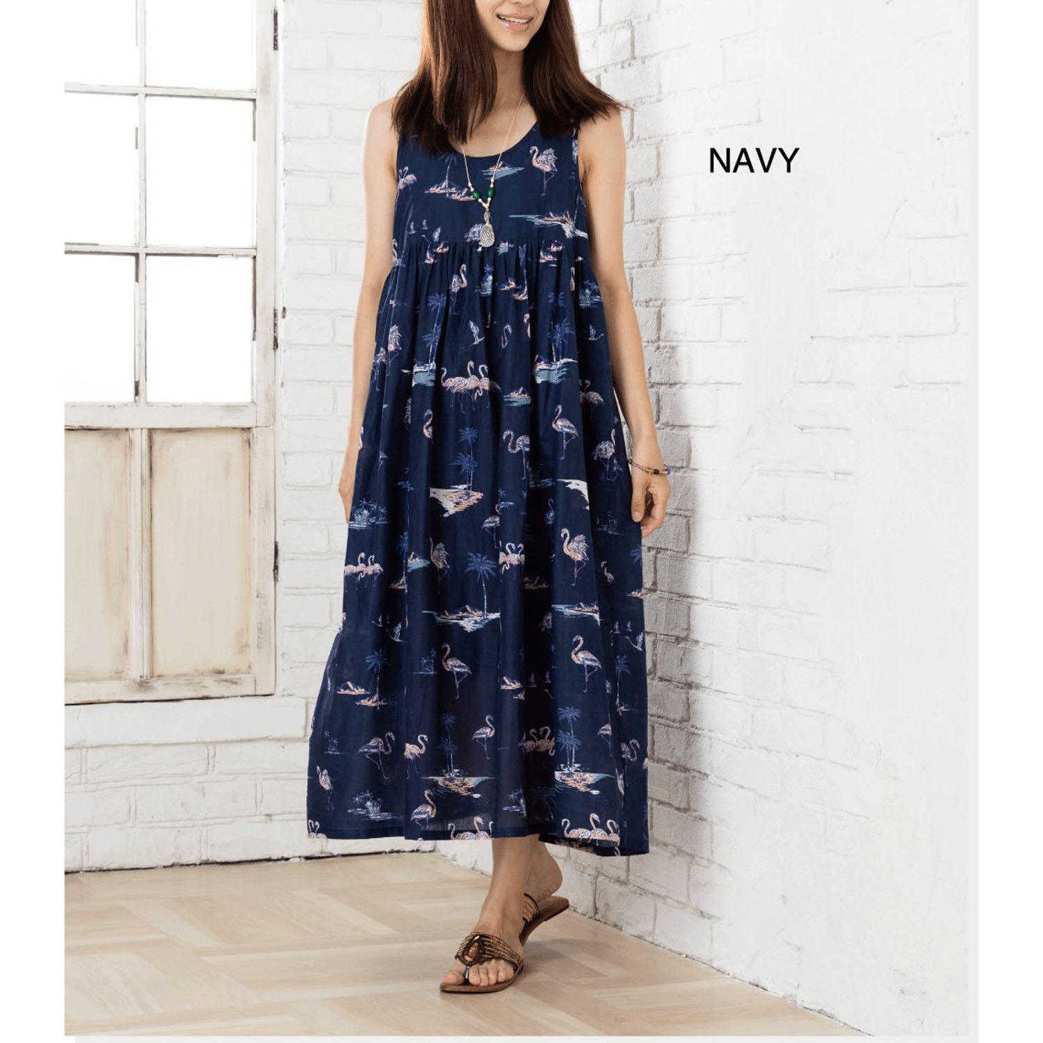 CUAインド綿フラミンゴ柄ワンピース