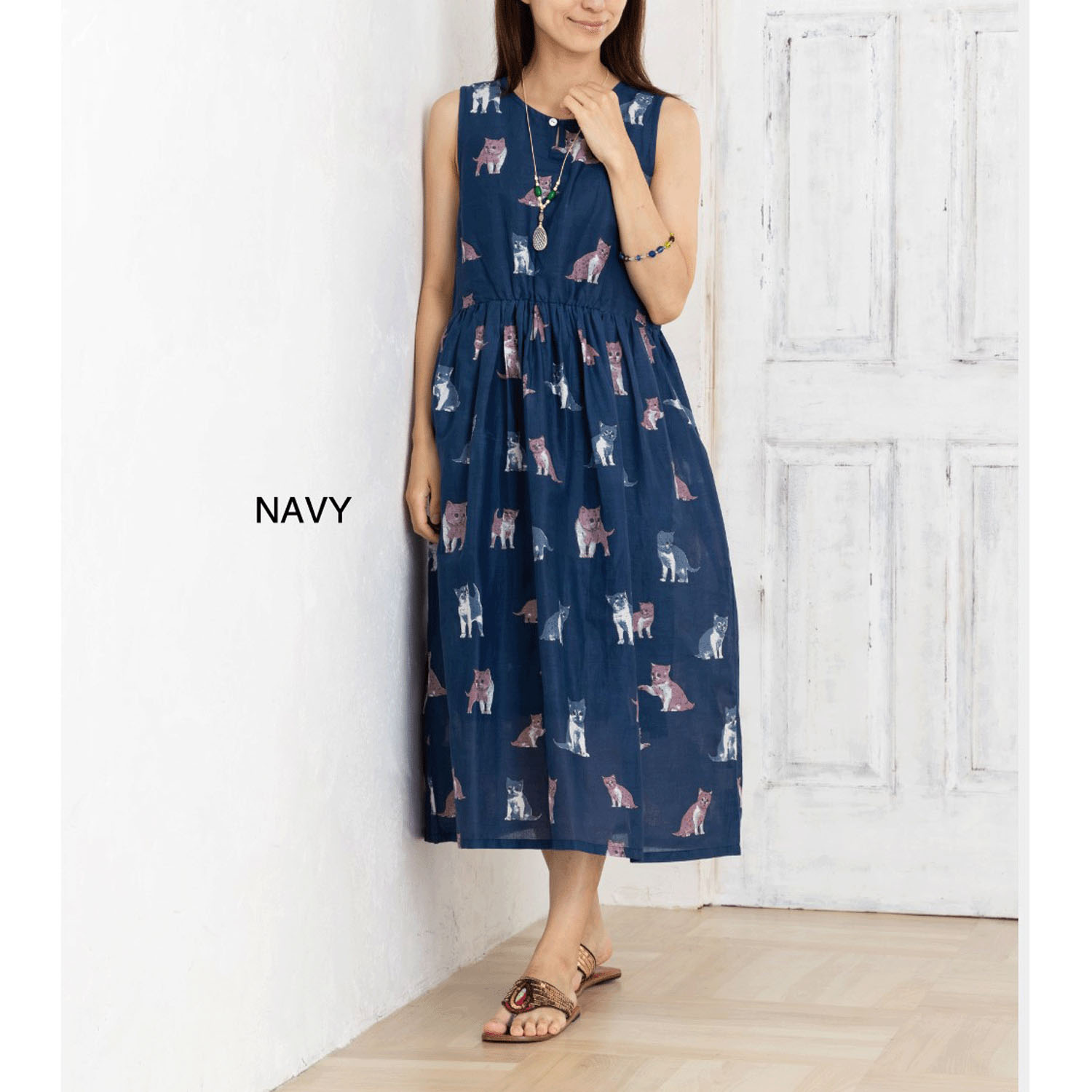 CUAインド綿ネコ柄ワンピース - 画像5