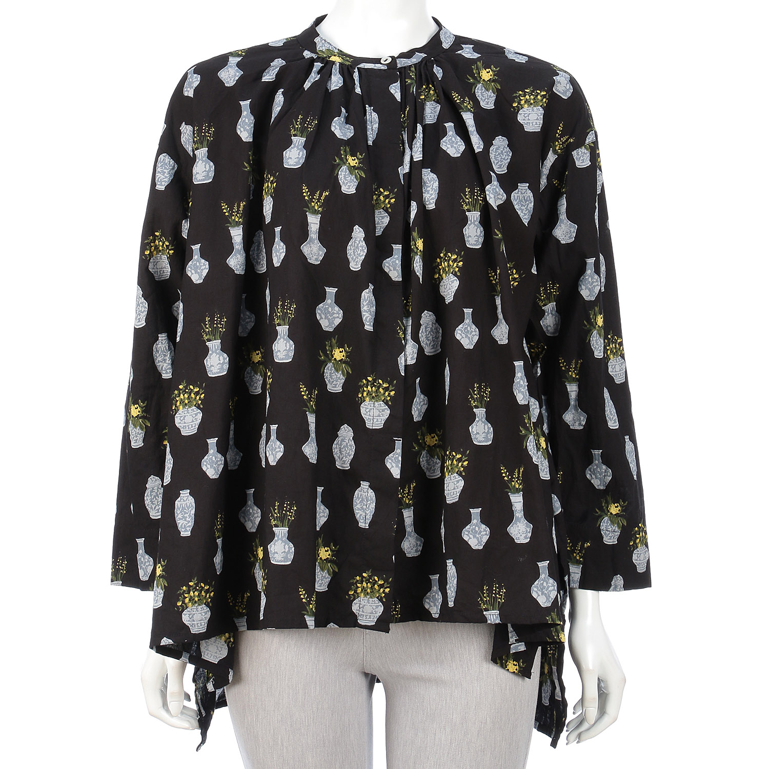 フラワーポットプリントヘンケイヘムスタンドカラーシャツ - 画像2