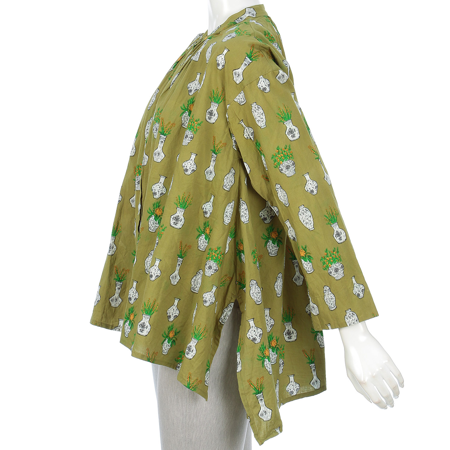 フラワーポットプリントヘンケイヘムスタンドカラーシャツ - 画像4