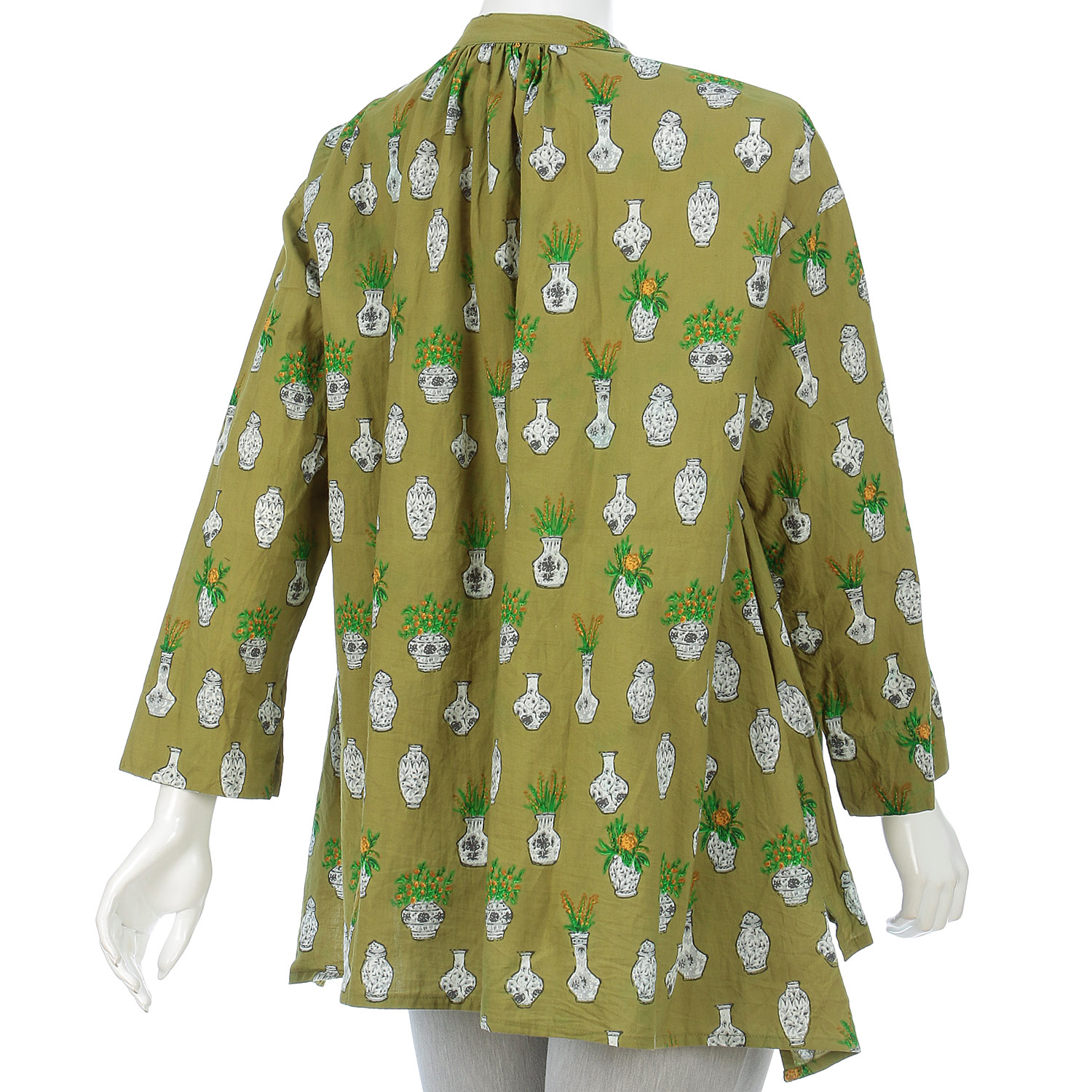 フラワーポットプリントヘンケイヘムスタンドカラーシャツ - 画像5