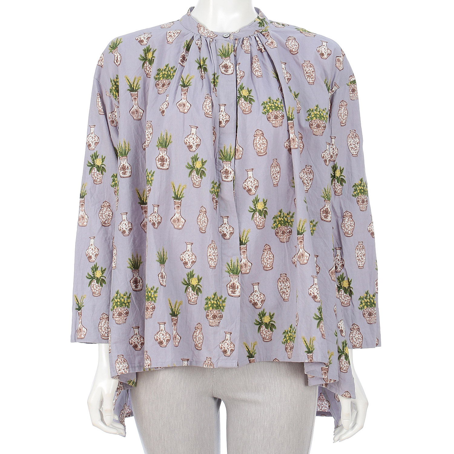 フラワーポットプリントヘンケイヘムスタンドカラーシャツ - 画像7