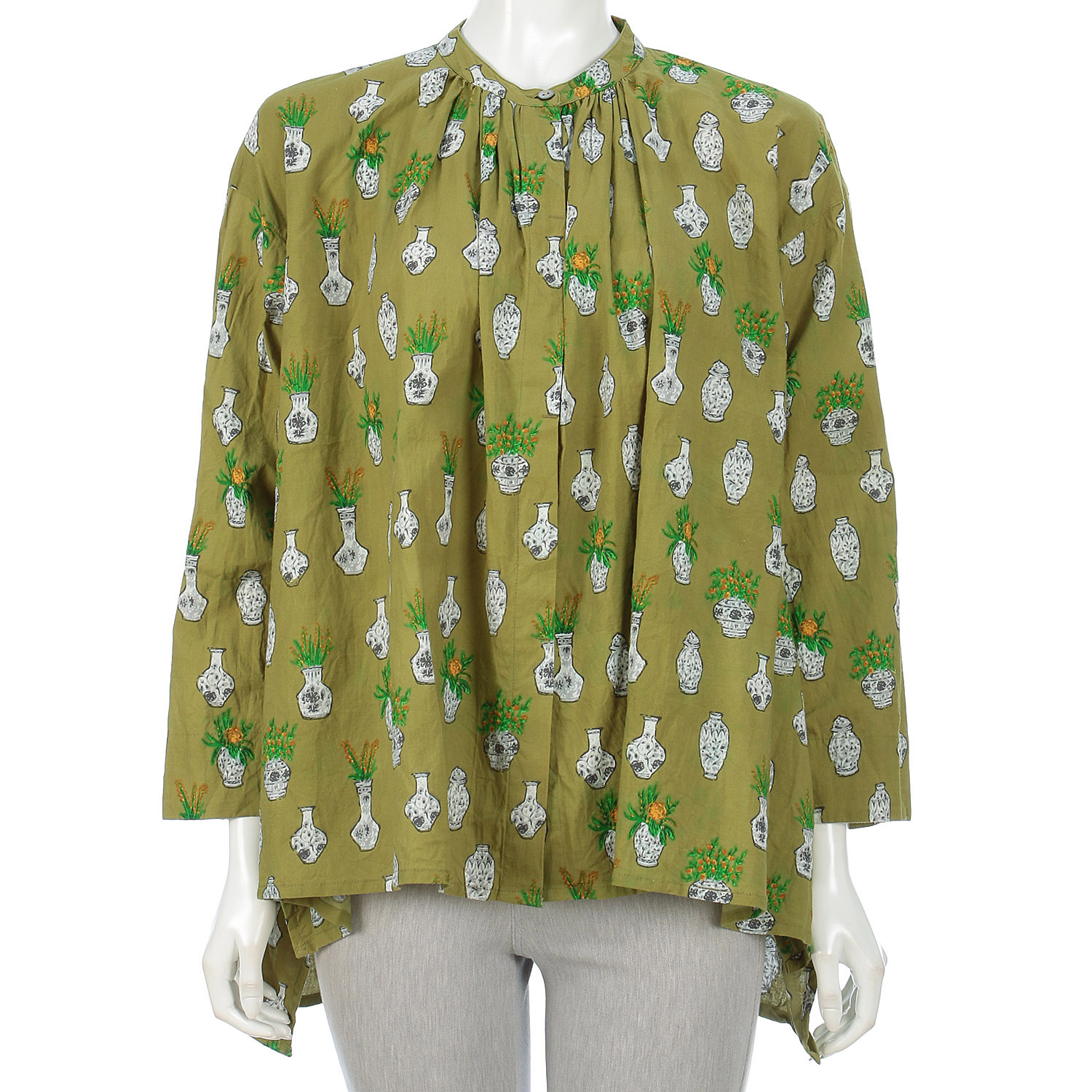 フラワーポットプリントヘンケイヘムスタンドカラーシャツ - 画像1