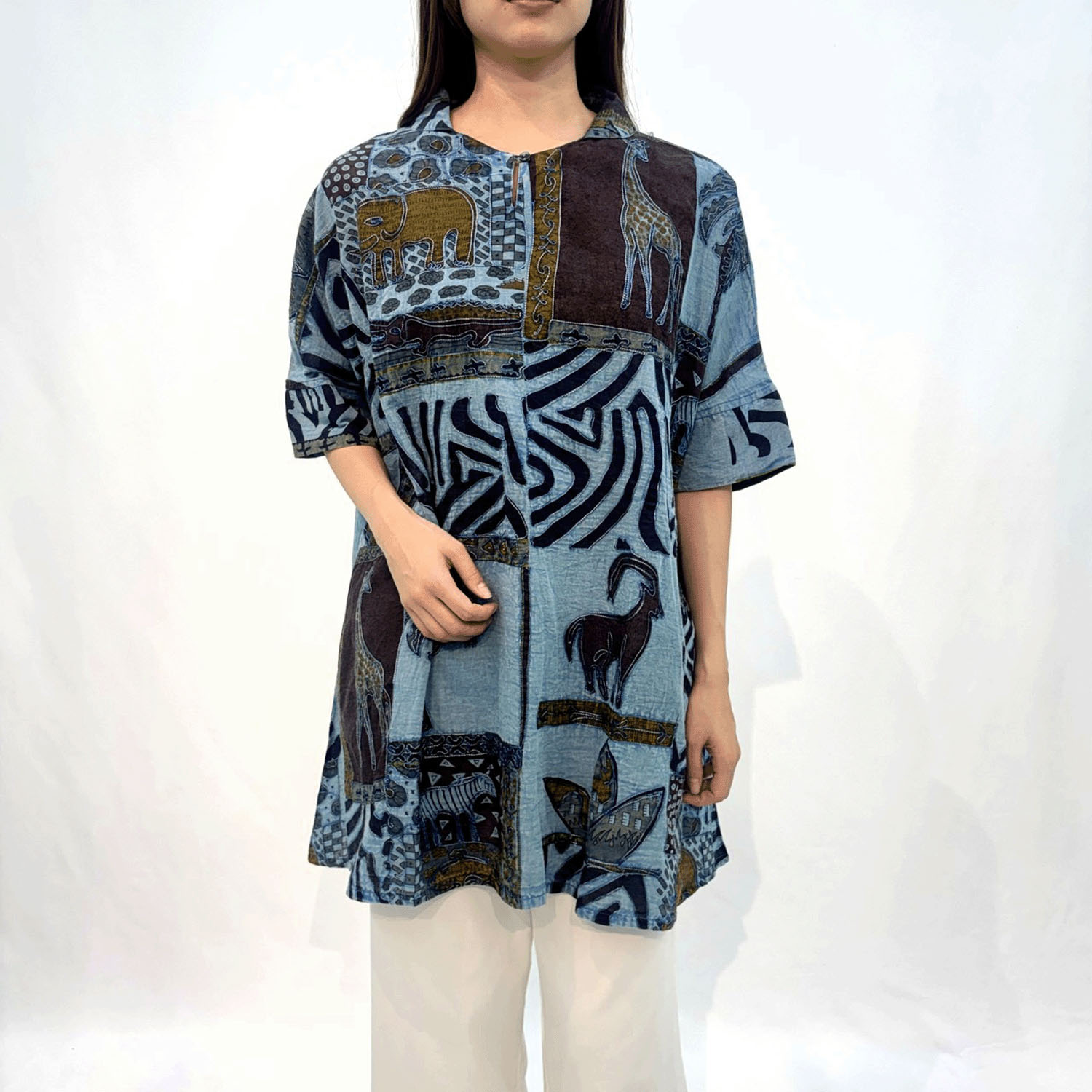 綿麻アニマル柄刺繍チュニック
