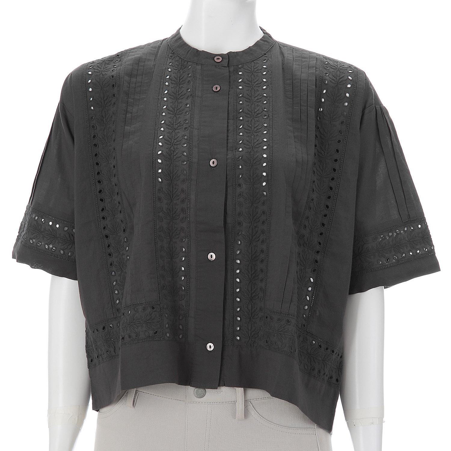 レース使い6分袖バンドカラーシャツ - 画像5