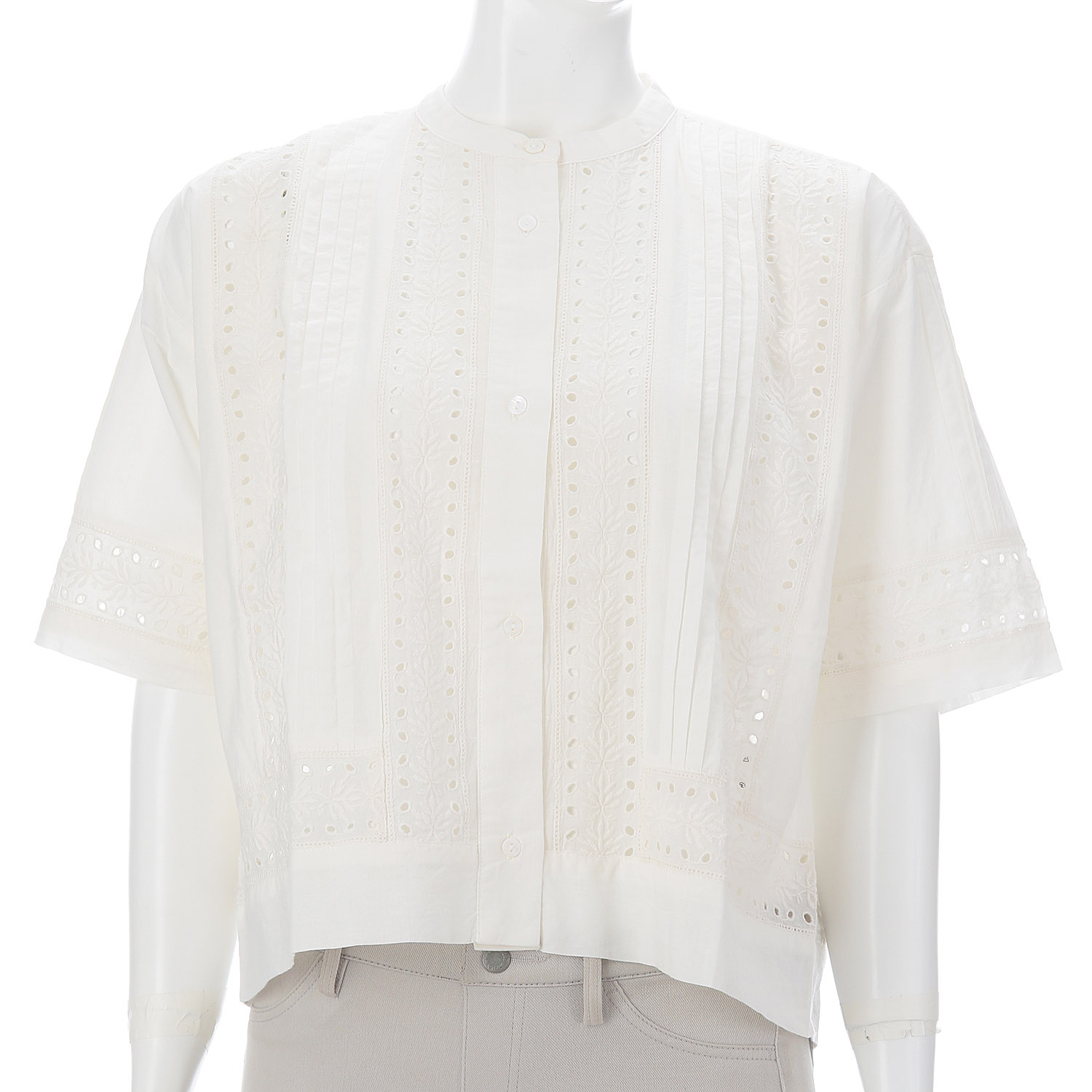 レース使い6分袖バンドカラーシャツ - 画像1