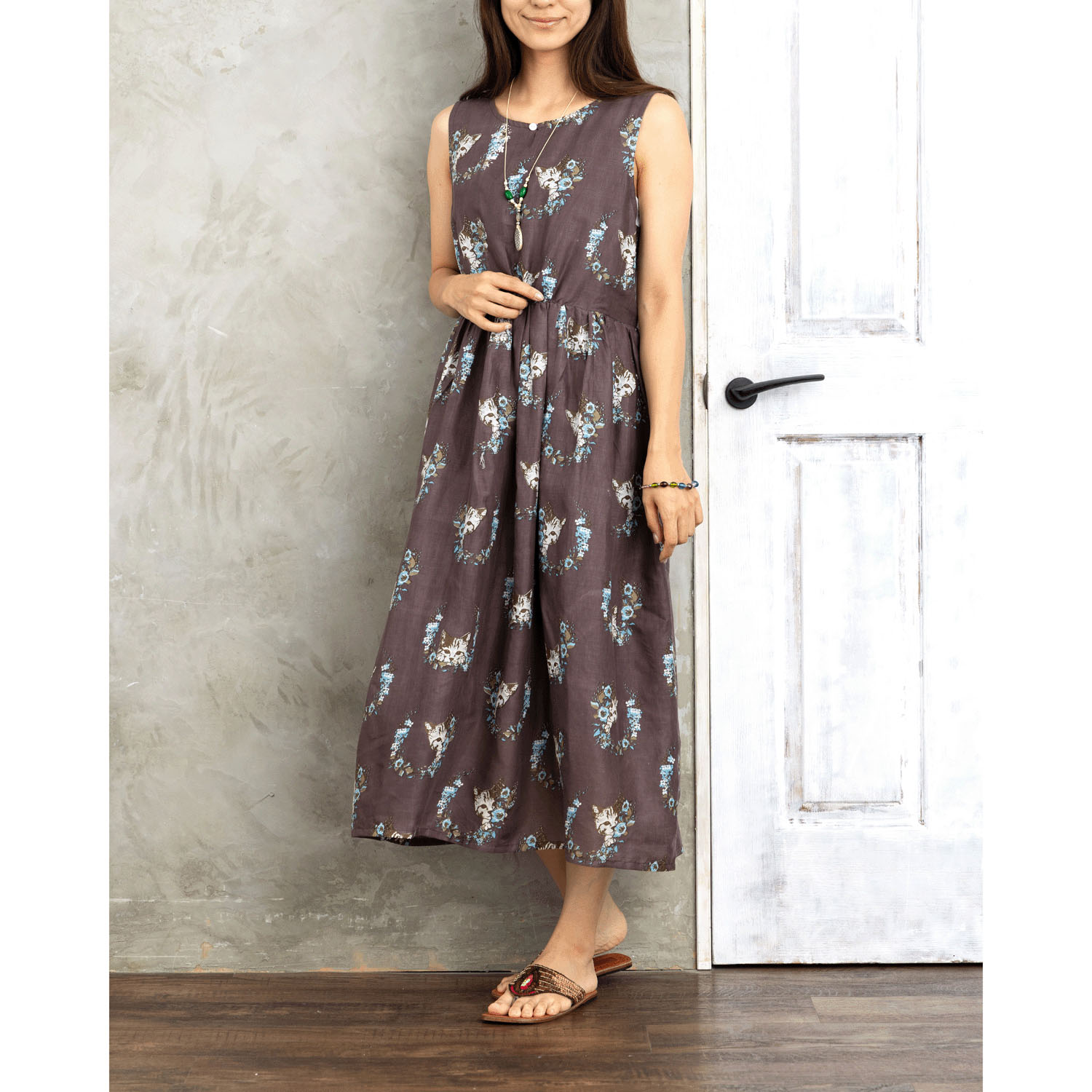 CUAインド綿 ネコ×フラワーワンピース - 画像2