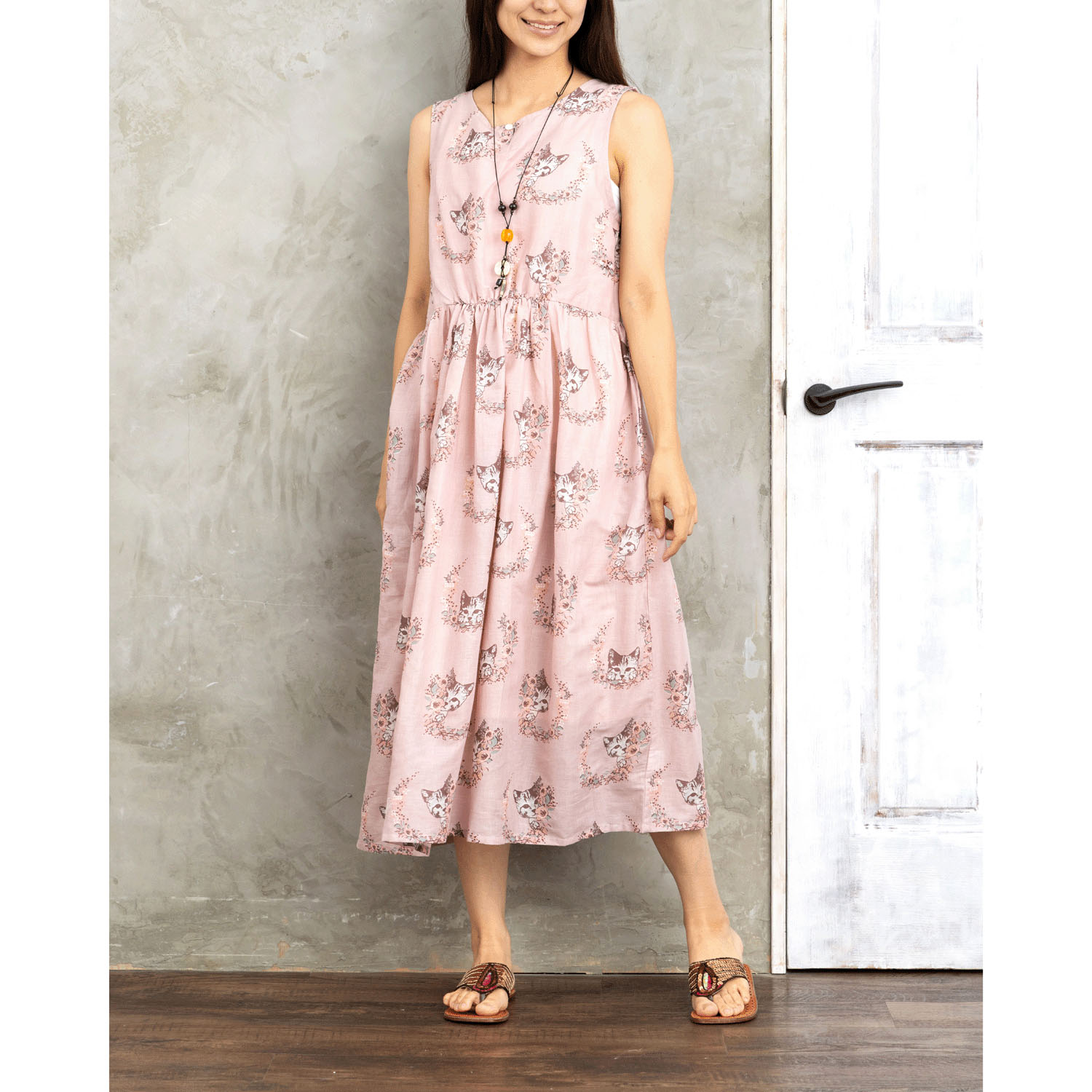 CUAインド綿 ネコ×フラワーワンピース - 画像3