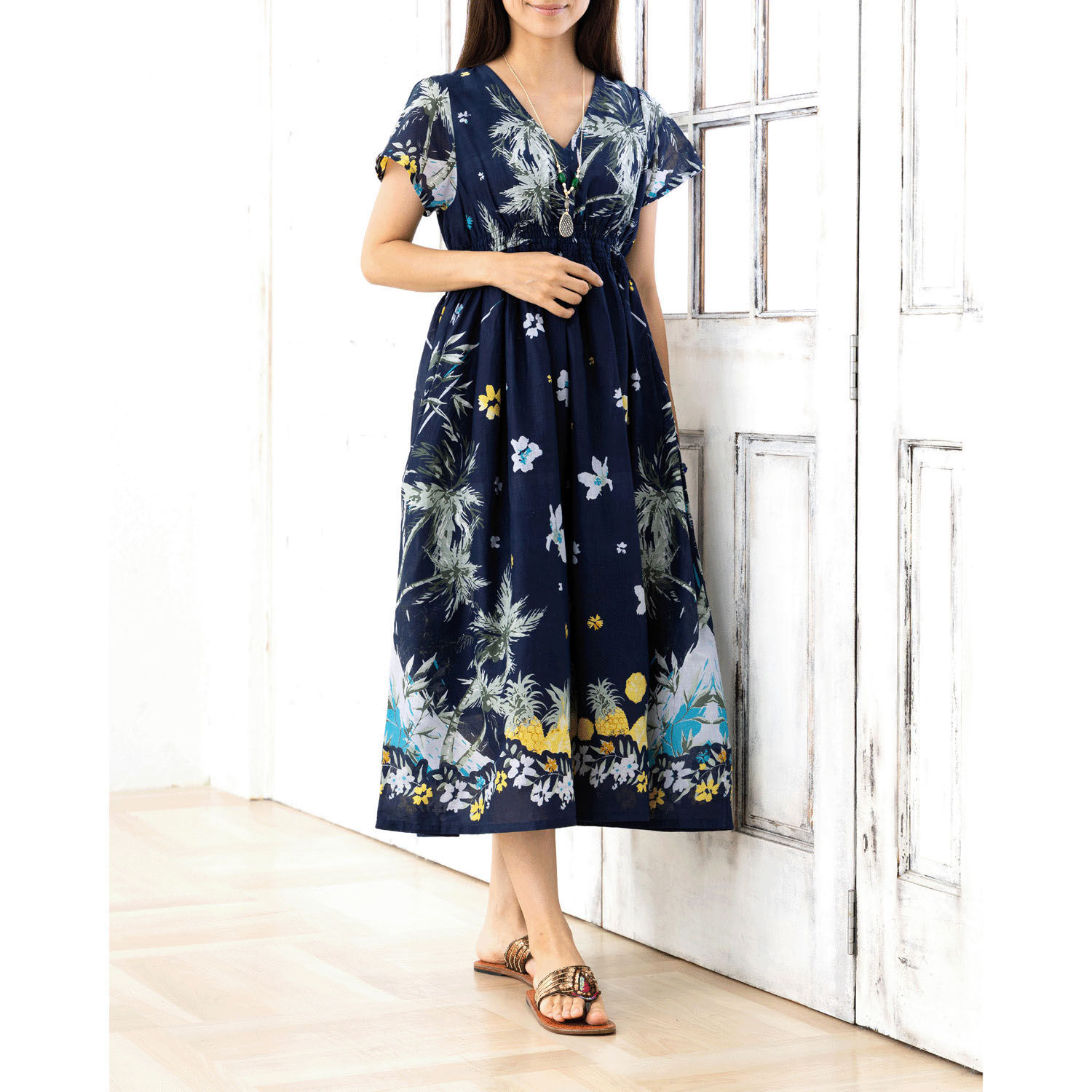 CUAインド綿 フルーツ×お花柄ワンピース - 画像1